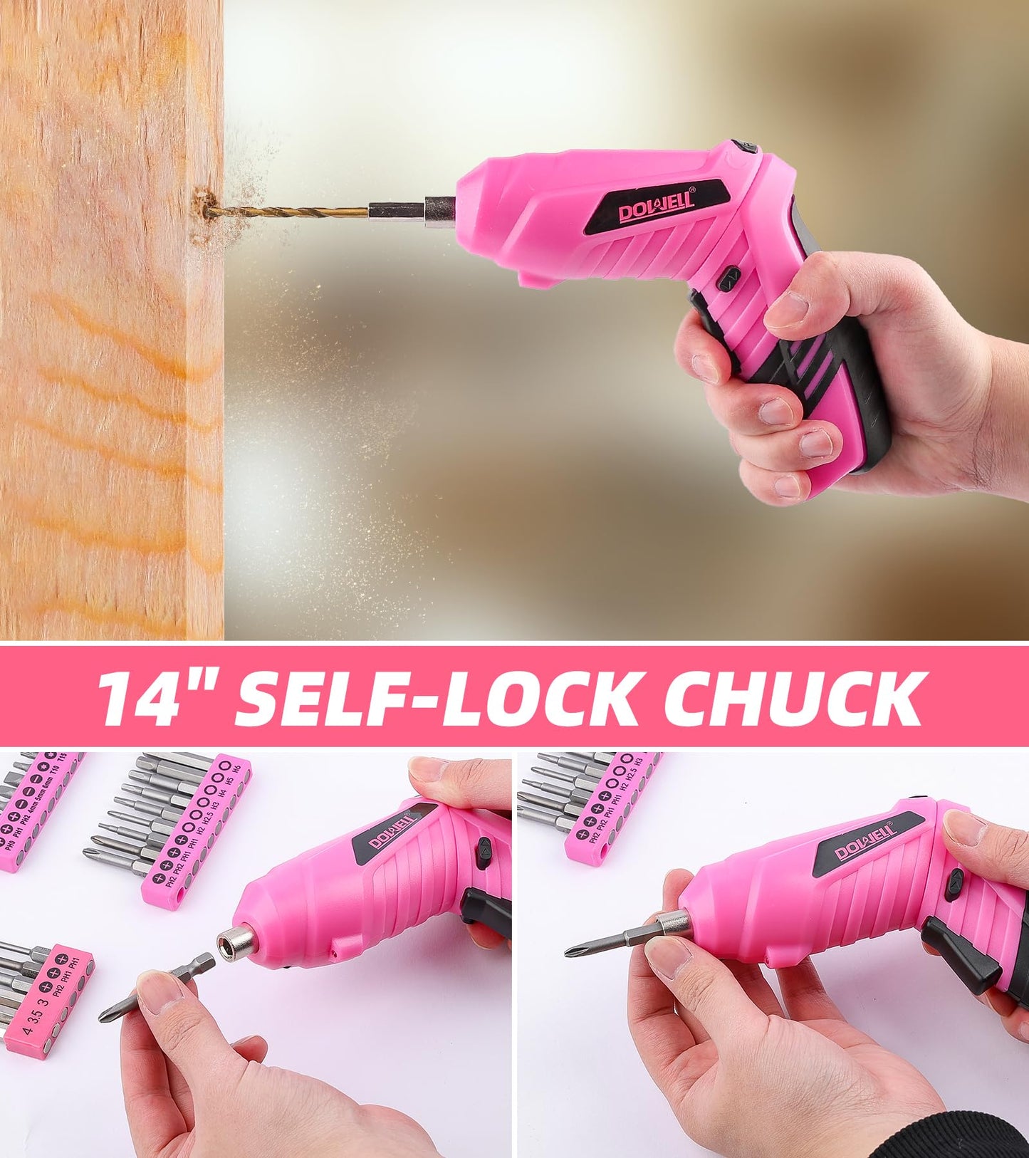 DOWELL Power Electric Cordless Screwdriver Set Rechargeable 3.6V Power Screwdriver Kit Tools for Women with 28pcs Accessories, Pink
