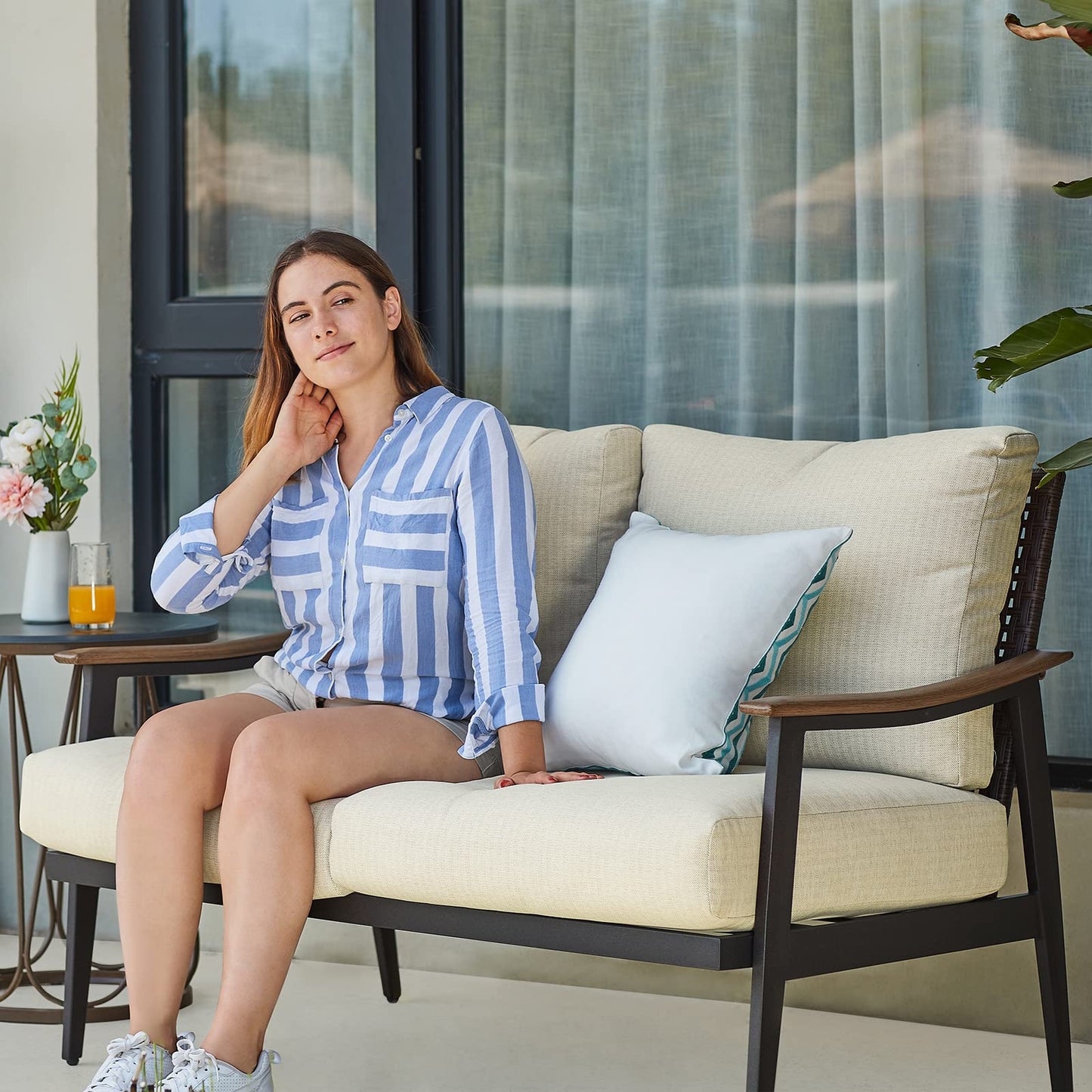 NATURAL EXPRESSIONS Patio Loveseat Sofa Outdoor Furniture Metal Chair with Wicker Backrest & 6 Inches Cushion for Indoor, Front Porch, Deck, Balcony, Backyard, 51.77"(L) x 29.75"(W) x 33.86"(H).