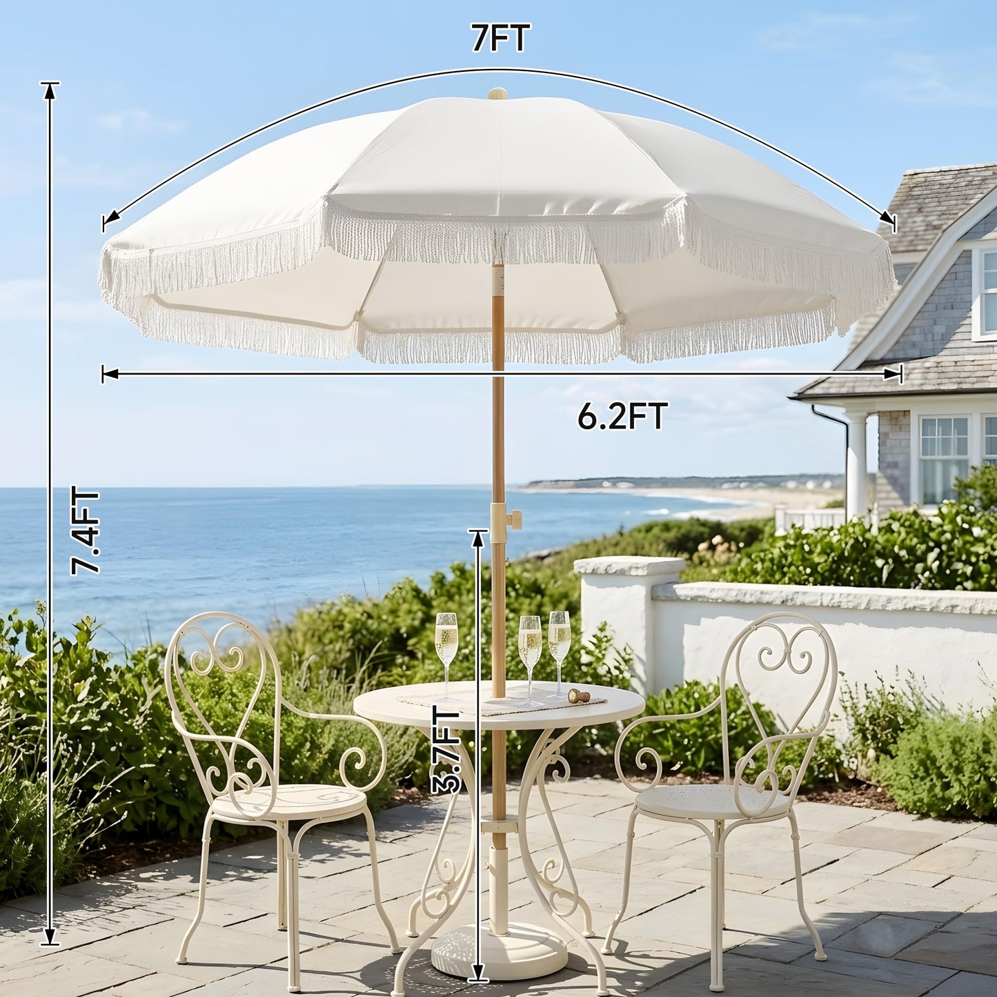 Kbrellaoutlets 7FT Boho Patio Umberlla with Fringe,UPF50+ Outdoor Umbrella with Fiberglass Ribs and Push Button Tilt,Tassels Umbrella for Beach,Terrace,Picnic (Belge)