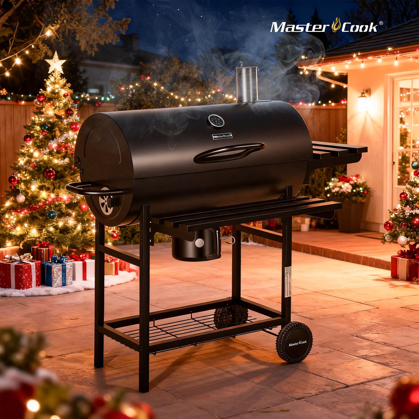 MASTER COOK Barrel Charcoal Grill with Foldable Front Shelf, 686 Sq.in. Cooking Area Outdoor bbq Grill,Thermometer and Adjustable Air Vents for Patio, Parties,Backyard, Tailgating, Black