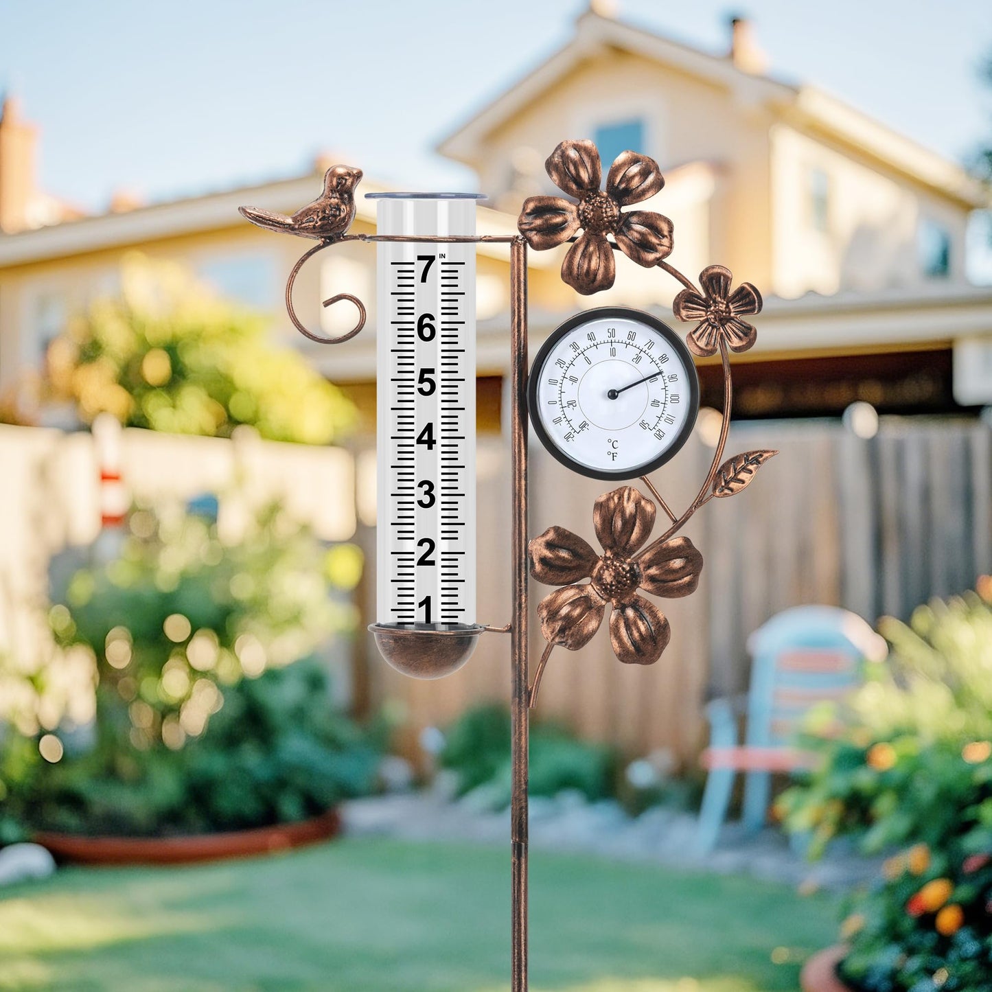 shumi Rain Gauge Outdoor with Thermometer Garden Decor, Bird and Flower Decorative Outdoor Rain Gauges for Yard Patio Lawn, Gardening Gifts for Women