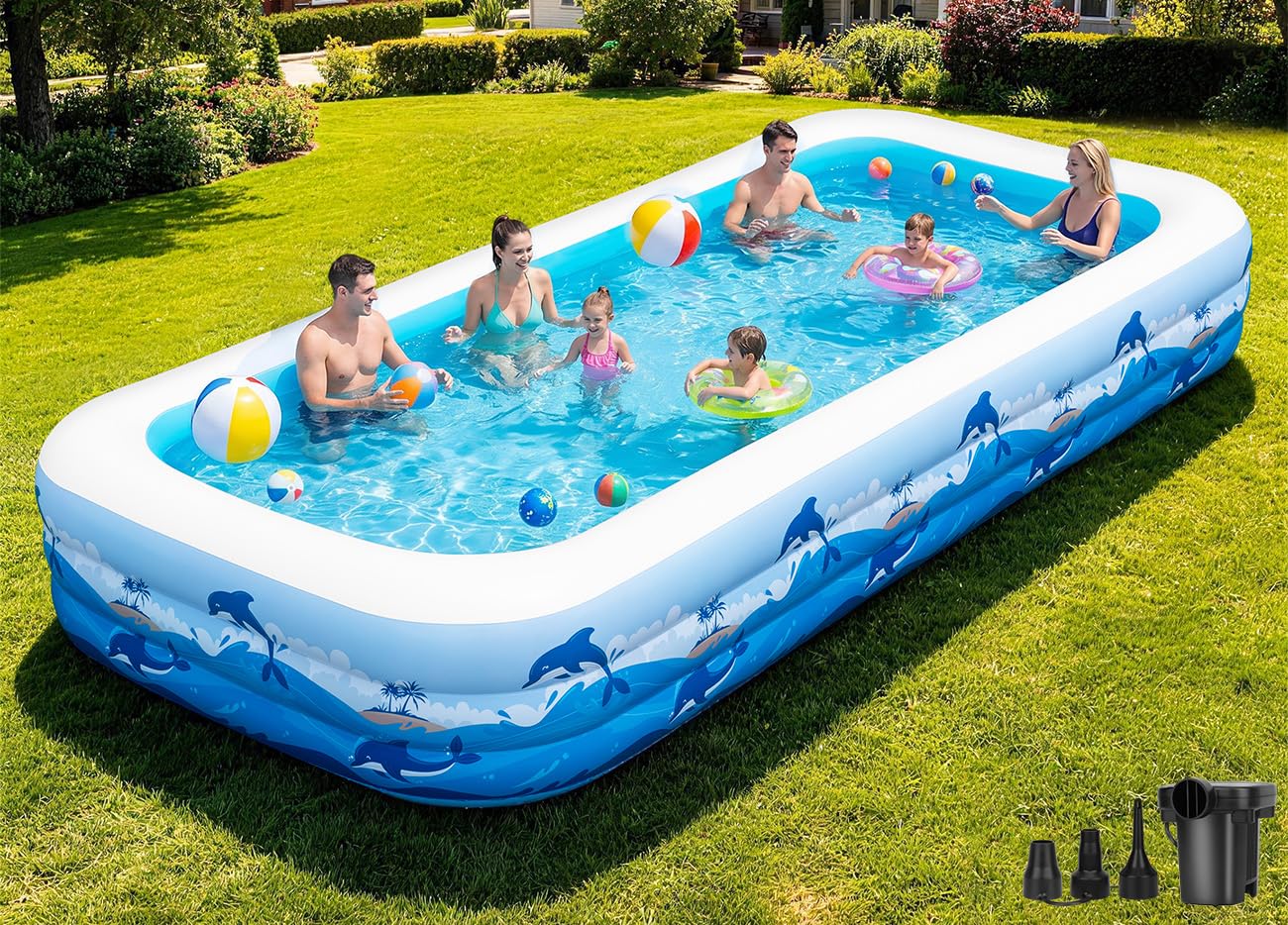 165" x 76" x 22" Oversized Thickened Inflatable Pool with Pump, Blow Up Family Swimming Pool for Adults Kids, Backyard Outdoor Summer Water Party Pool