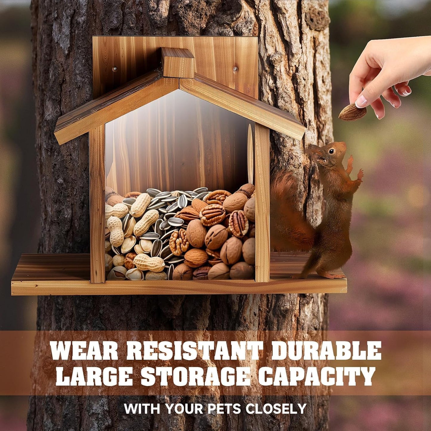 Gnodary Squirrel Feeders, Squirrel Feeders for Outside, Squirrel House for Outdoor - Chipmunk Feeder Box, Squirrel Food for Backyard Squirrels Hold Corn, Corn Cob, Peanuts (Brown)