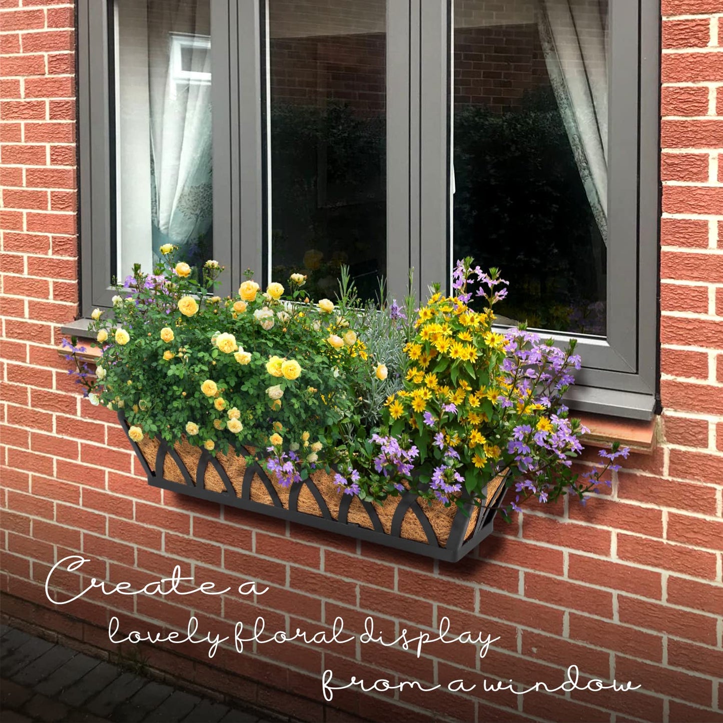 WIMART Window Box Railing, 24 Inch Black Metal Hanging Flower Planter Basket with Coco Liner for Outdoor Balcony Porch Fence Patio for Home, Office and Hotel (Black - 4 Pcs/Set)