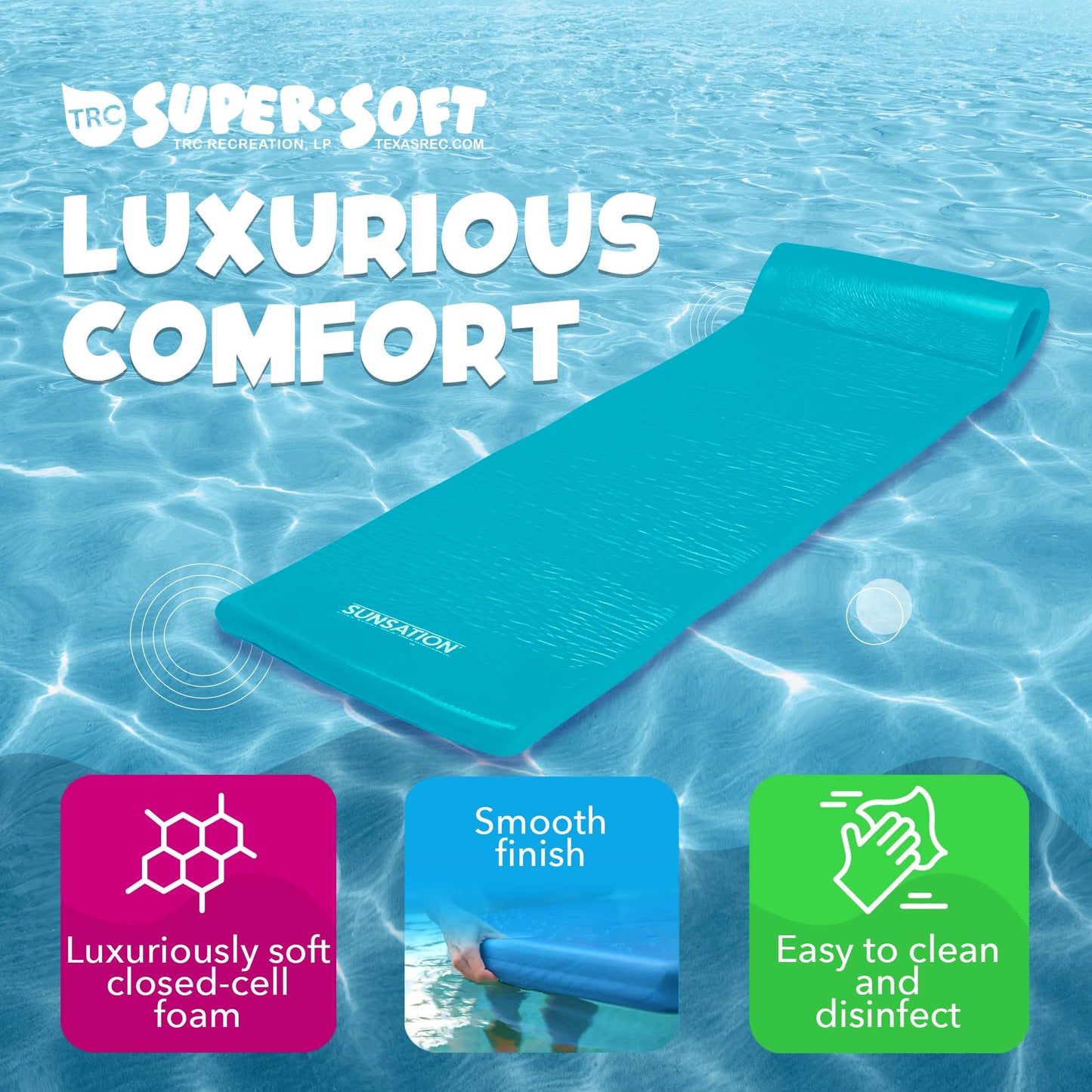 TRC Recreation Sunsation 1.75" Thick Foam Pool Float Water Lounger w/ Headrest for Adult Lounging & Sunbathing in Swimming Pools, Beaches & Lakes, 70" x 26"