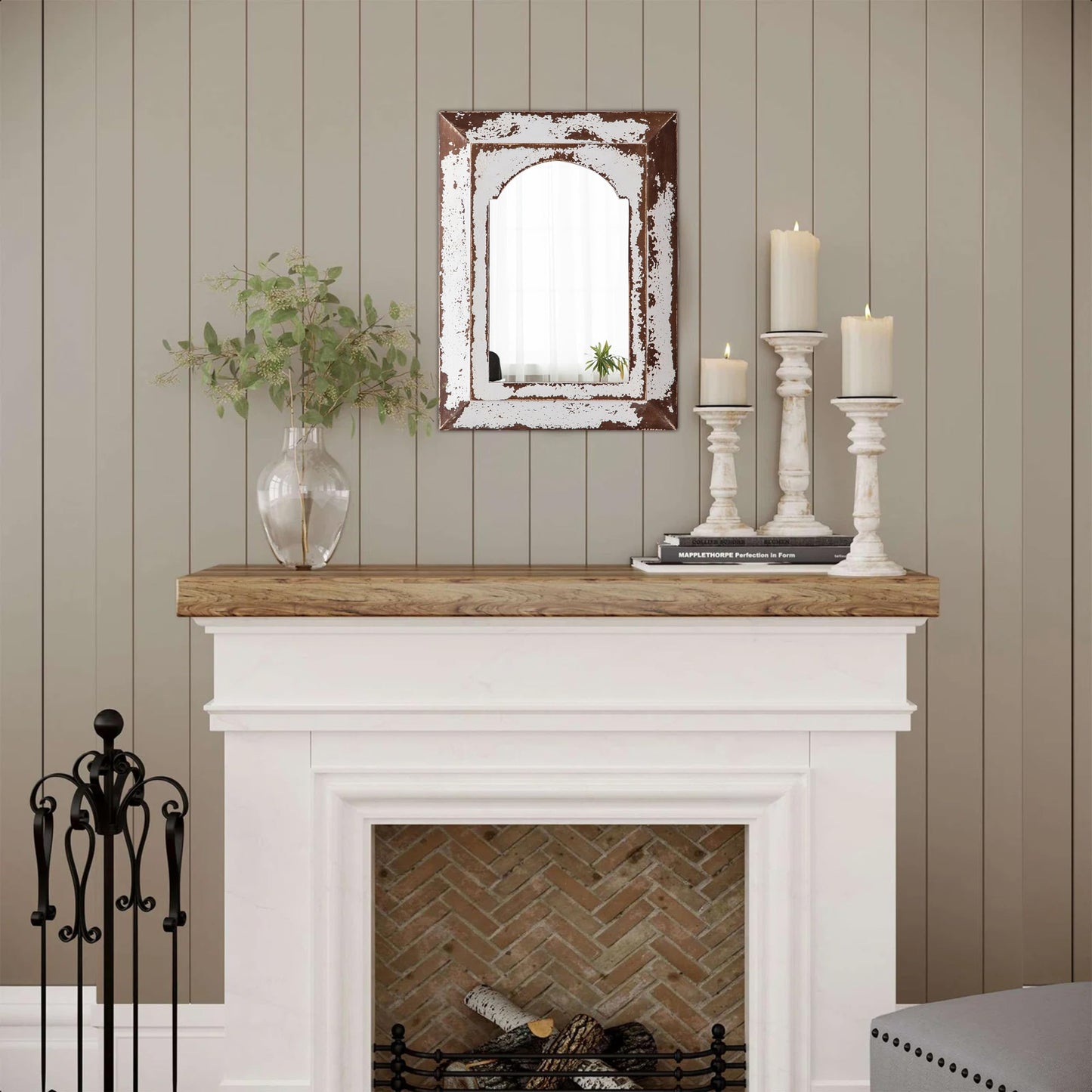 Sintosin Farmhouse Small Arched Mirrors for Wall Decor Living Room 16 X 12 Inch, Hanging Distressed Rectangular Carved Wood Frame Entryway Mirror, Handmade Antique Bathroom Mirrors for Over Sink