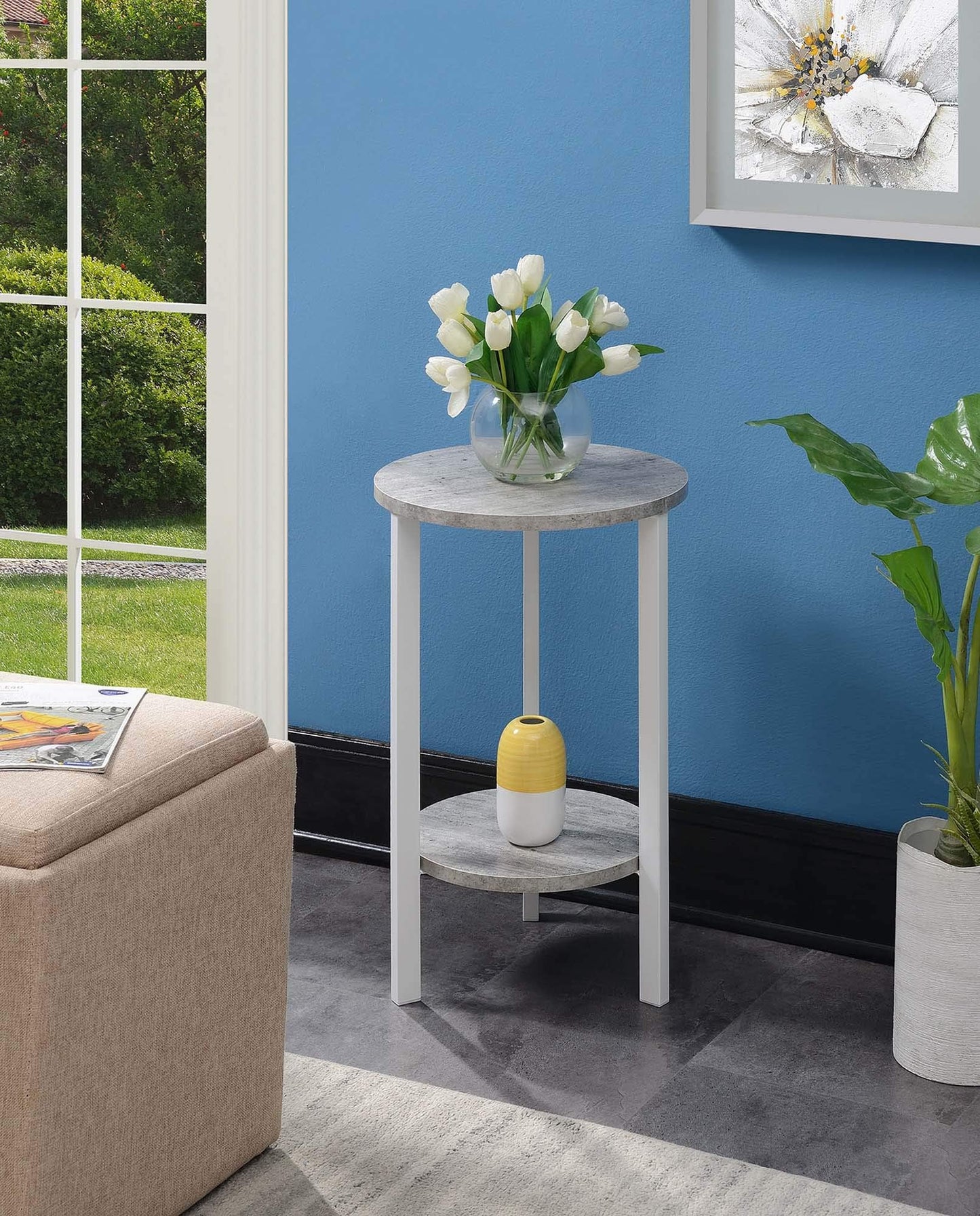 Convenience Concepts Graystone 24 inch 2 Tier Plant Stand - Industrial Stand for Plants, Vases, and Antiques, Urban Modern Design for the Living Room, Hallway, Entryway, Faux Birch/White