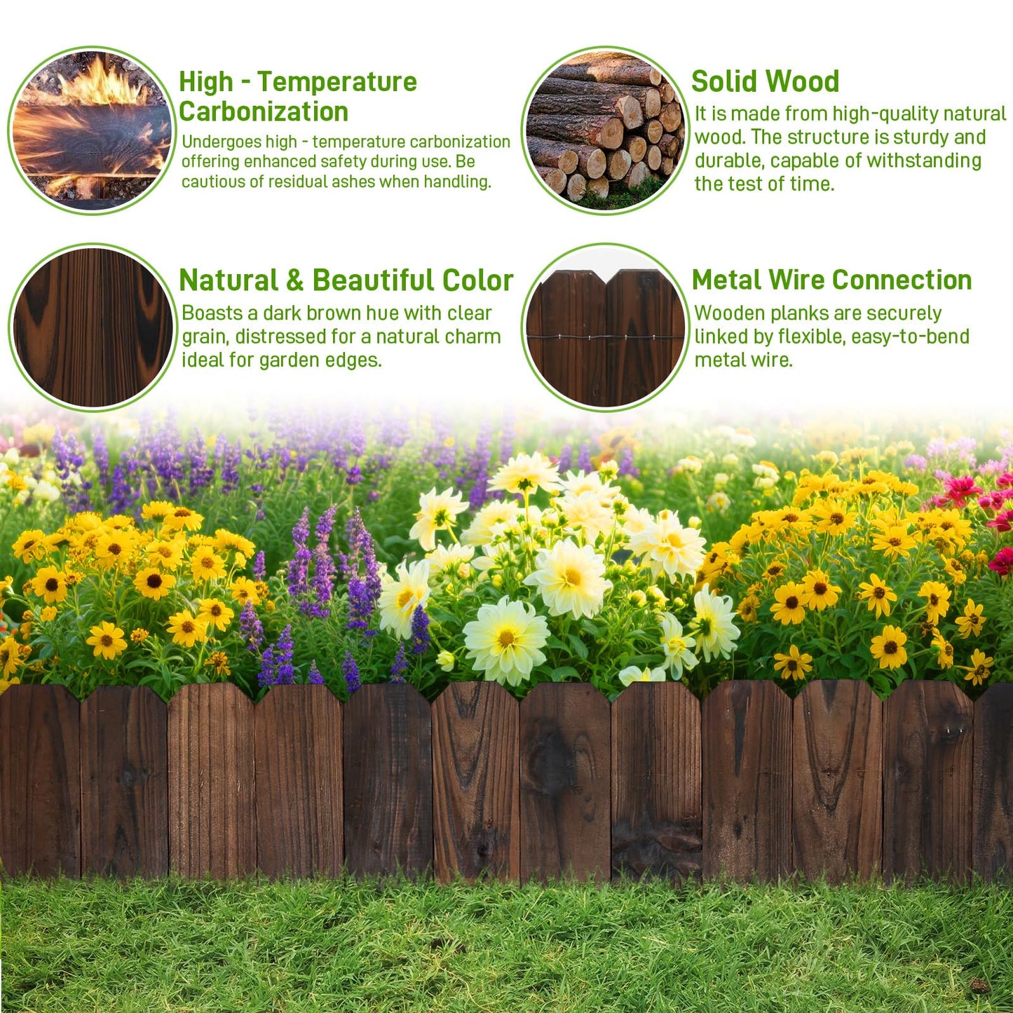 Mulctun Wood Garden Edging - 5.9" H X 47" L Sturdy Wooden Landscape Edging, Small Flower Bed Edging Borders, Decorative Wooden Garden Fence for Yard Flower Bed Lawns Pathway Tree (4 Packs)