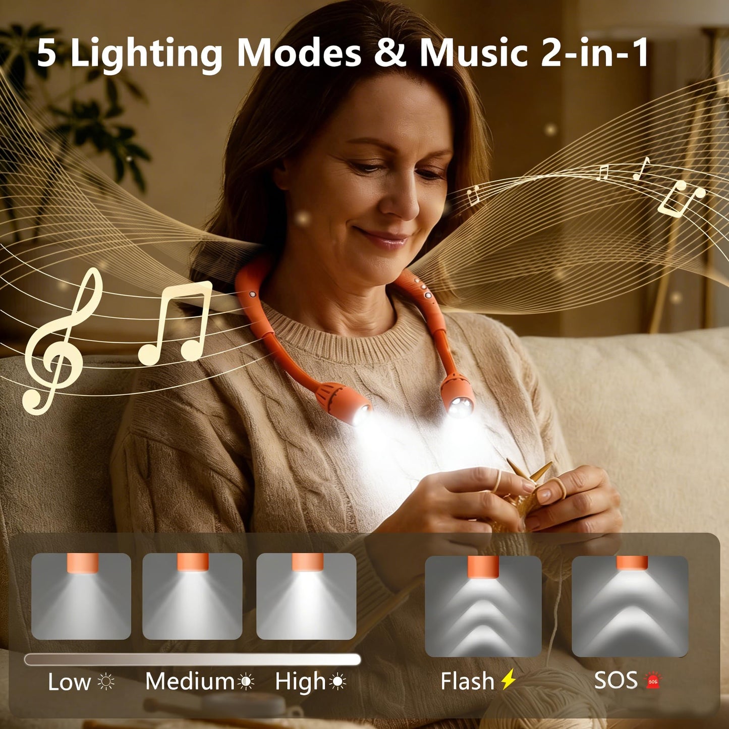 Plynvexa Neck Reading Light with Built-in Music, Hands-Free LED Book Light, 80H Runtime, 3 Brightness Levels, SOS/Flash Modes, Relaxing Music Light for Reading in Bed, Knitting, Camping-Orange
