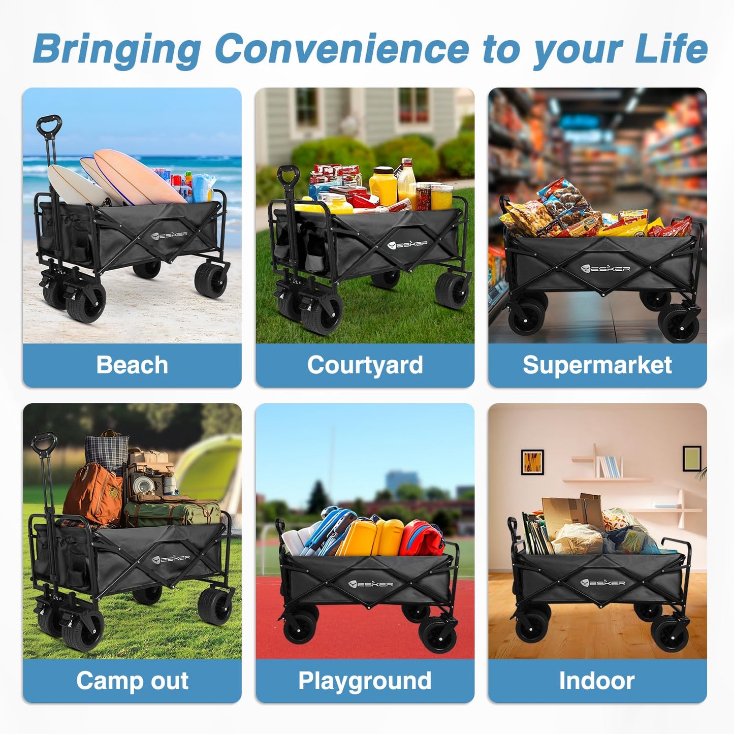 Yesker Foldable Wagon - 300lbs Collapsible Garden Carts with All Terrain Wheels for Outdoor Camping Sports Shopping Gardening - Heavy Duty Portable Utility Trolley (Black)