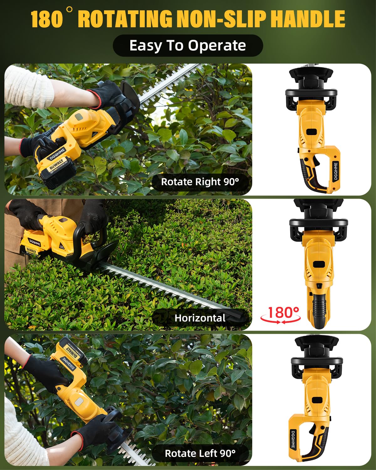 DGQHME Cordless Hedge Trimmer, Compatible with Dw 20V MAX Battery, Lightweight Hedge Trimmers,3000RPM 180° Rotating Head,3/4" Blade Gap(Battery Not Included)