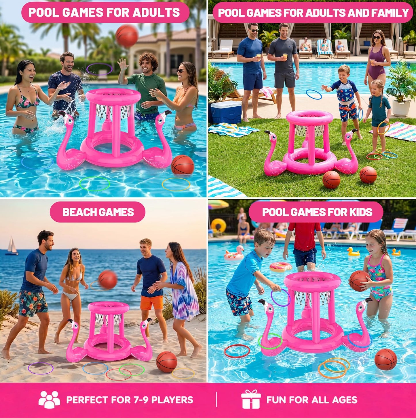 H-Style Pool Toys Pool Floats Pool Games for Kids Adult, Inflatable Pool Basketball Hoop & Ring Toss Game, 2-in-1 Pool Floating Outdoor Party Water Toy for Adults Family Kids Ages 4-8-12 (Pink-1)