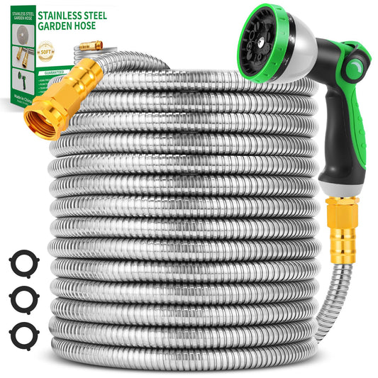Toolasin Garden Hose 50ft, Flexible Stainless Steel Metal Water Hose with 10-Function Nozzle, No-Kink, Leak-Proof, Wear-Resistant, 3/4 GHT, Easy to Use and Store for Garden, Yard, Outdoor