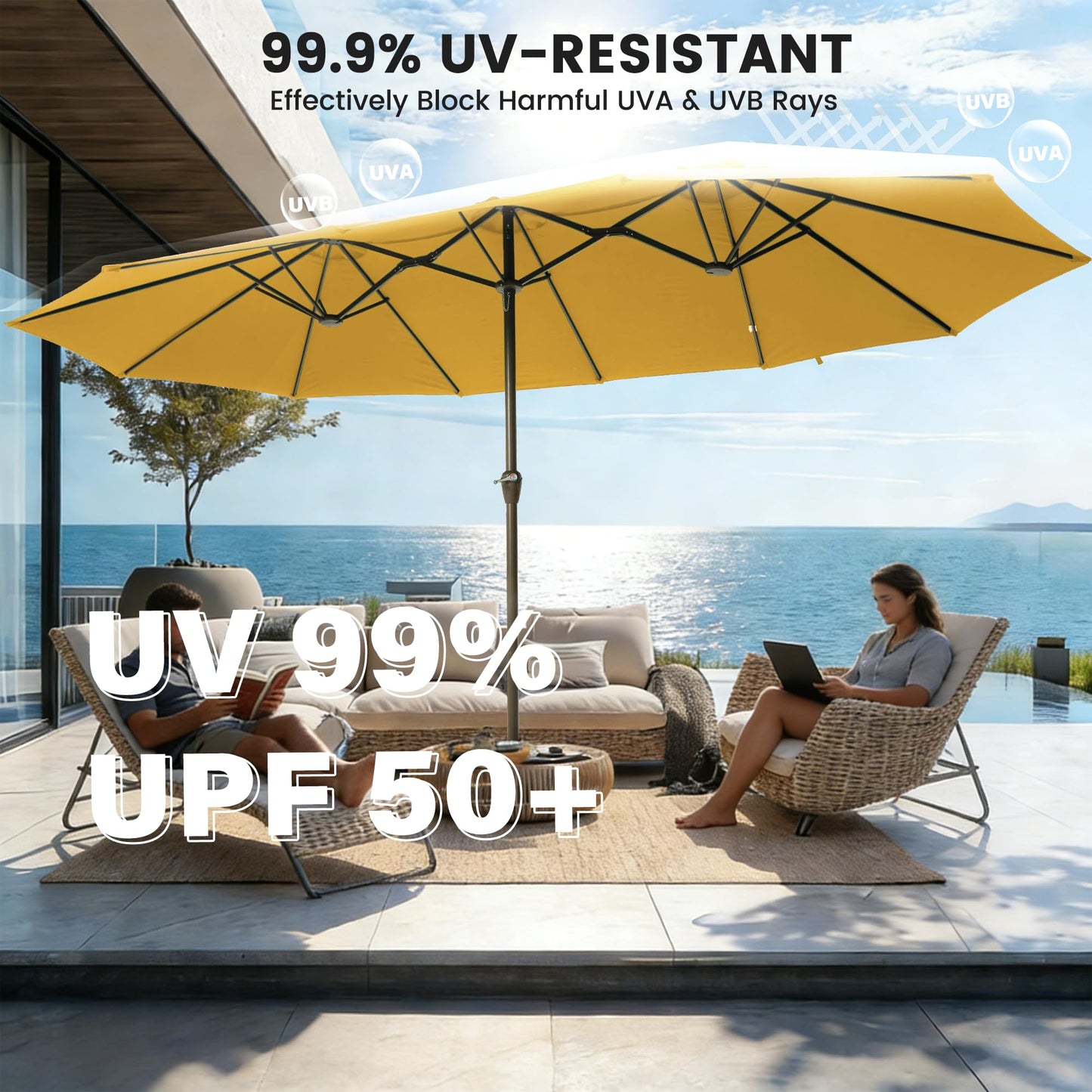 Ayge 15FT Patio Umbrella with Base,Large Outdoor Double-Sided Rectangle Umbrella with Crank Handle, Market Umbrella for Poolside Garden Deck Backyard Beach Pools,Yellow