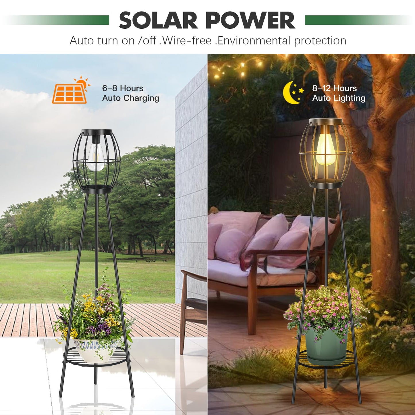 FQIIL 2 Pack Solar Lights Outdoor with Plant Stands, Solar Floor Lamp, Solar Powered Street Light Metal Tripod Deck Lights, Patio Decor for Garden Yard Pathway Driveway Porch
