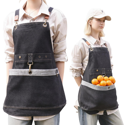 Cilkus Gardening Apron – Denim Cross Back Garden & Harvest Apron with Adjustable Straps and Large Pockets for Women & Men
