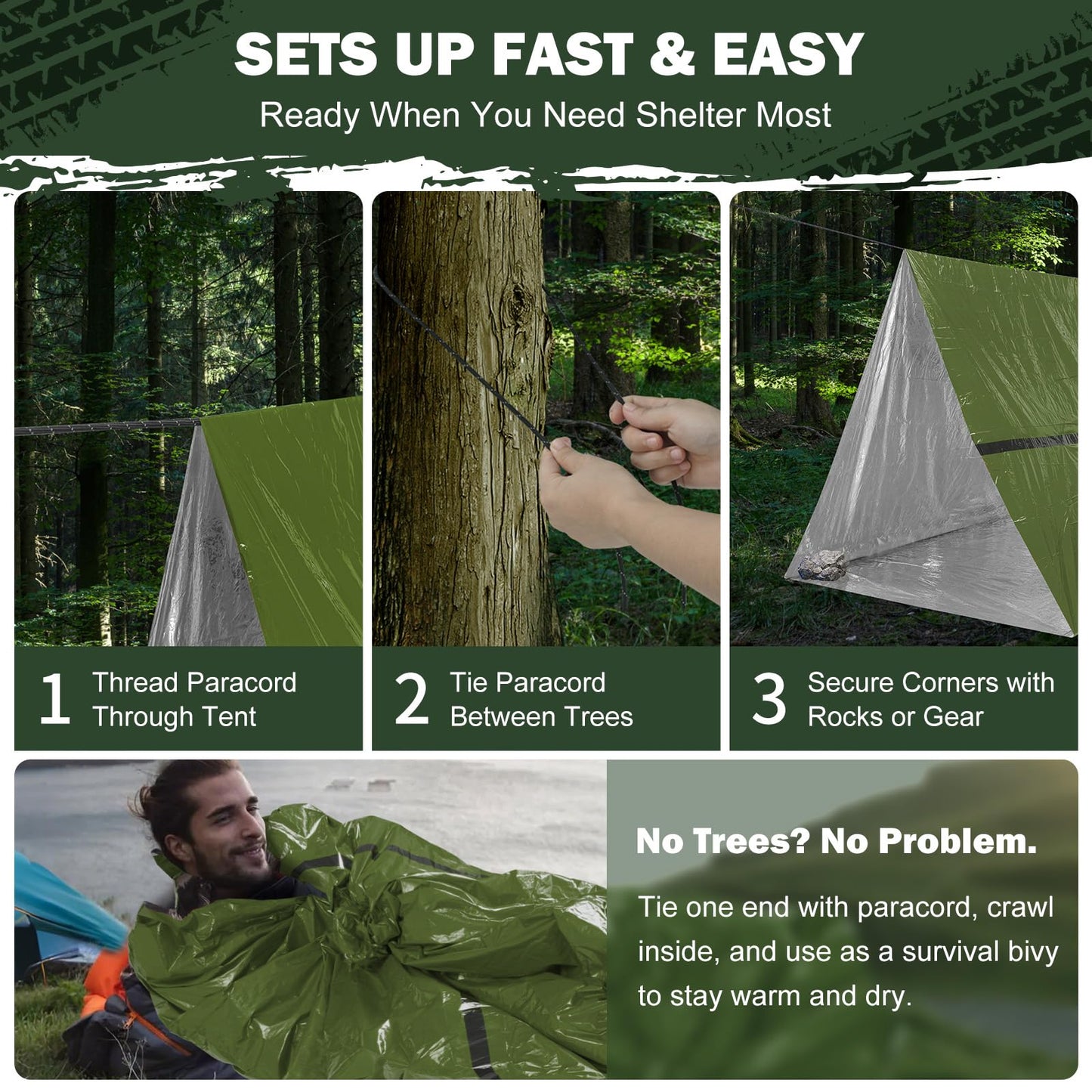 Life Emergency Tent Survival Shelter - 2 Person Mylar Waterproof Tube Tent with Survival Whistle & Paracord, All-Weather Essential Gear for Camping, Hiking & Survival Kits