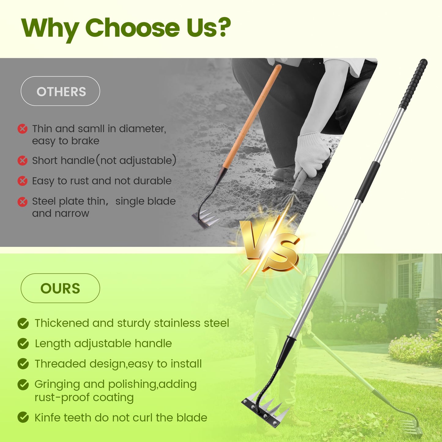 Iron Weeding Rake with Long Handle - Upgraded 5 Teeth Weed Puller Tool, Heavy Duty Manual Weeder Remover Tool for Weeding, Cultivating & Soil Aeration