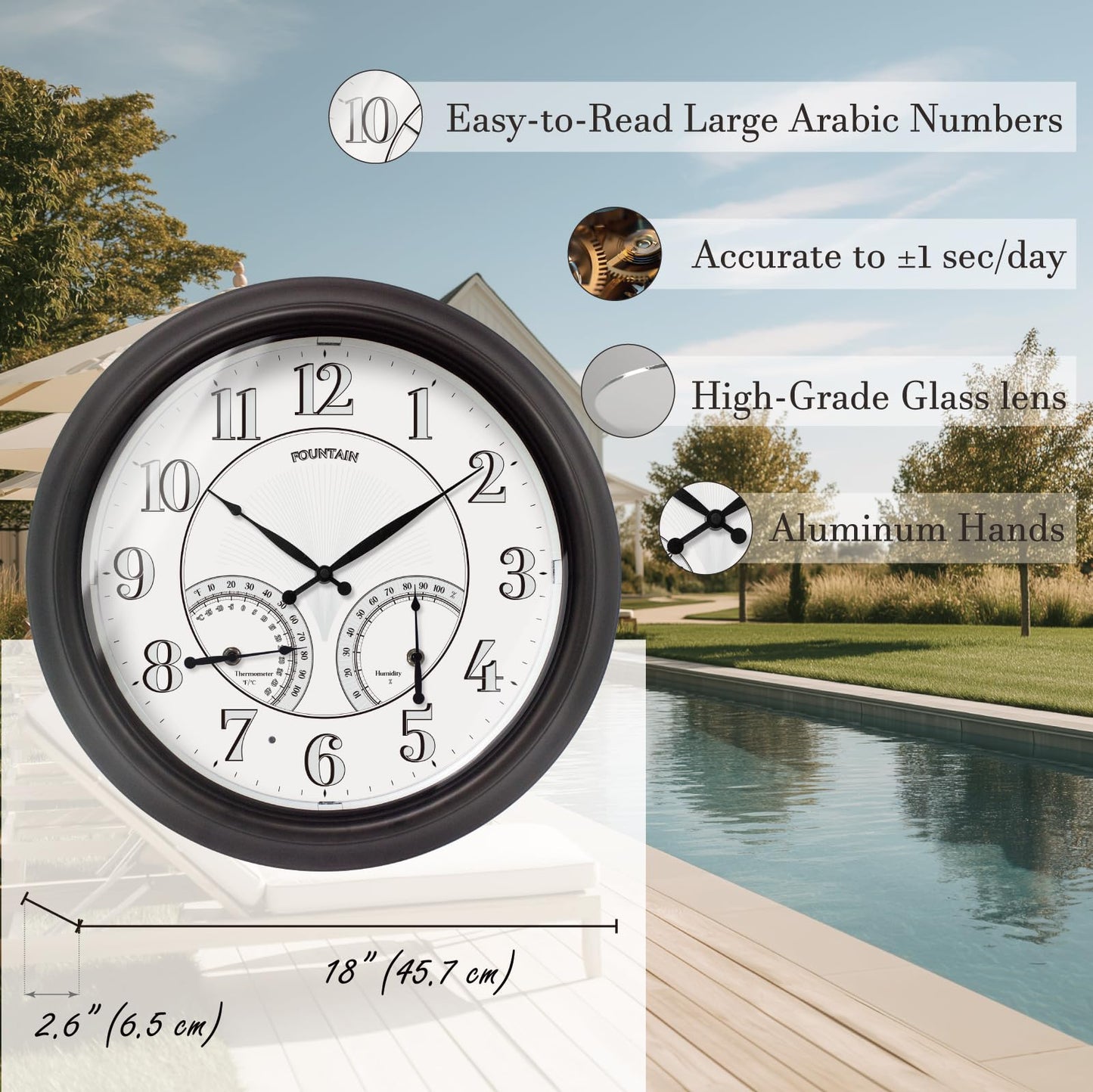 FOUNTAIN DESIGNS 18 Inch Illuminated in/Outdoor Clock with Smart Sensor and Night Light, Waterproof, Large Wall Clock with Thermometer & Hygrometer for Patio,Pool and Garden Decor,Oil Rubbed Bronze