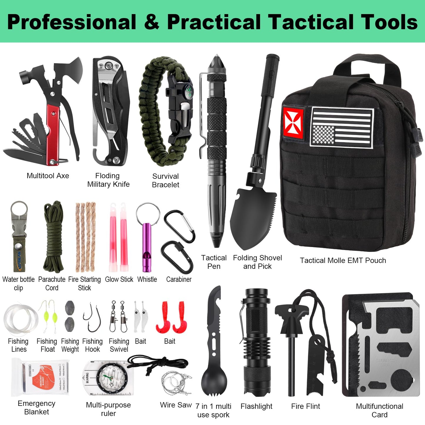 Survival Kit 256 in 1, First Aid Kit Survival Gear Tools Trauma Kit with Molle Pouch for Outdoor, Camping, Hunting, Hiking, Earthquake, Home, Office, Gifts for Men Dad Husband Women (Black)
