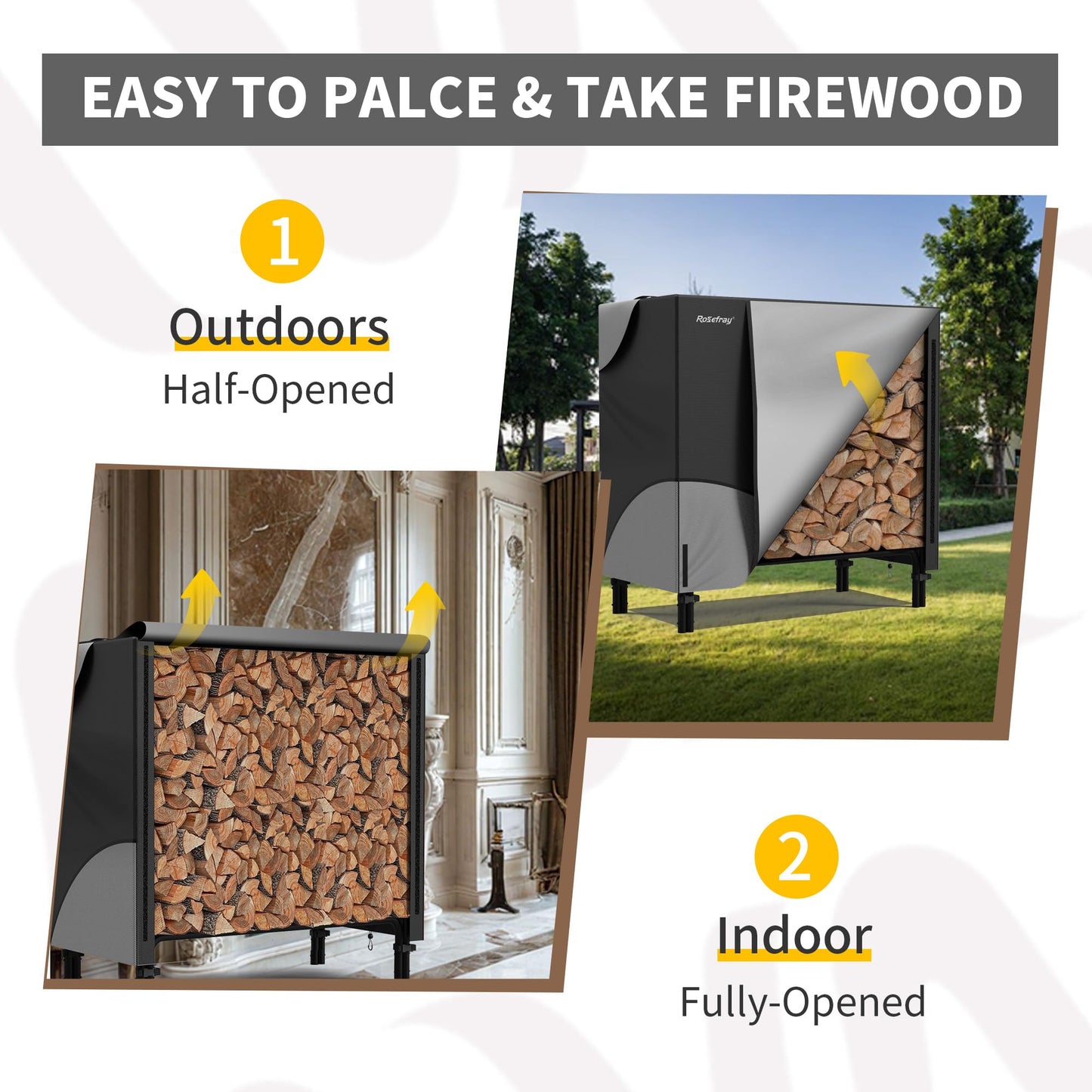 Rosefray 4ft Firewood Rack Cover,Heavy Duty 600D Wood Rack Cover with Waterproof Oxford Weather Resistant Indoor Outdoor Storage Wood Cover for Log Holder Blackgry