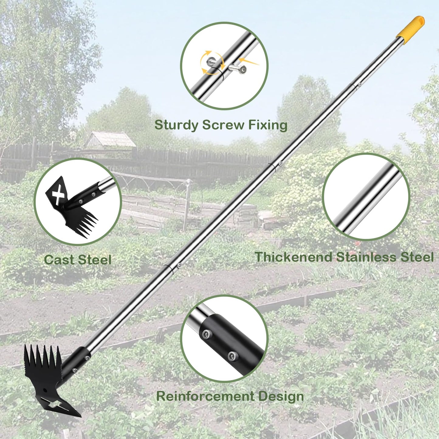 NICOFPHY Weed Puller Tool with Long Handle, 60" Manual Weeding Tools Gardening, 2 in 1 Hand Weed Rake and Hoe Garden Weeder Tool, Uprooting Pulling Weed Remover Tool for Yard, Patio, Lawn and Garden