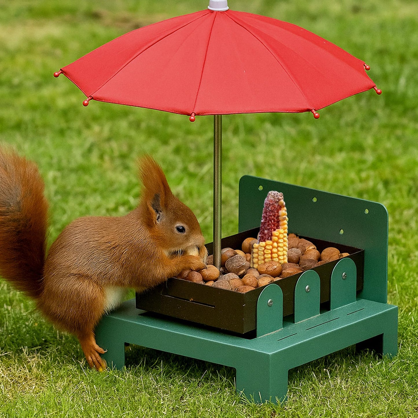 Ewenono Squirrel Picnic Table Feeder with Umbrella – Metal Squirrel Feeder for Outdoors, Large Food Tray & Corn Cob Holder, Funny Picnic Table for Wildlife, Tree-Mount Squirrel Table Feeding Station