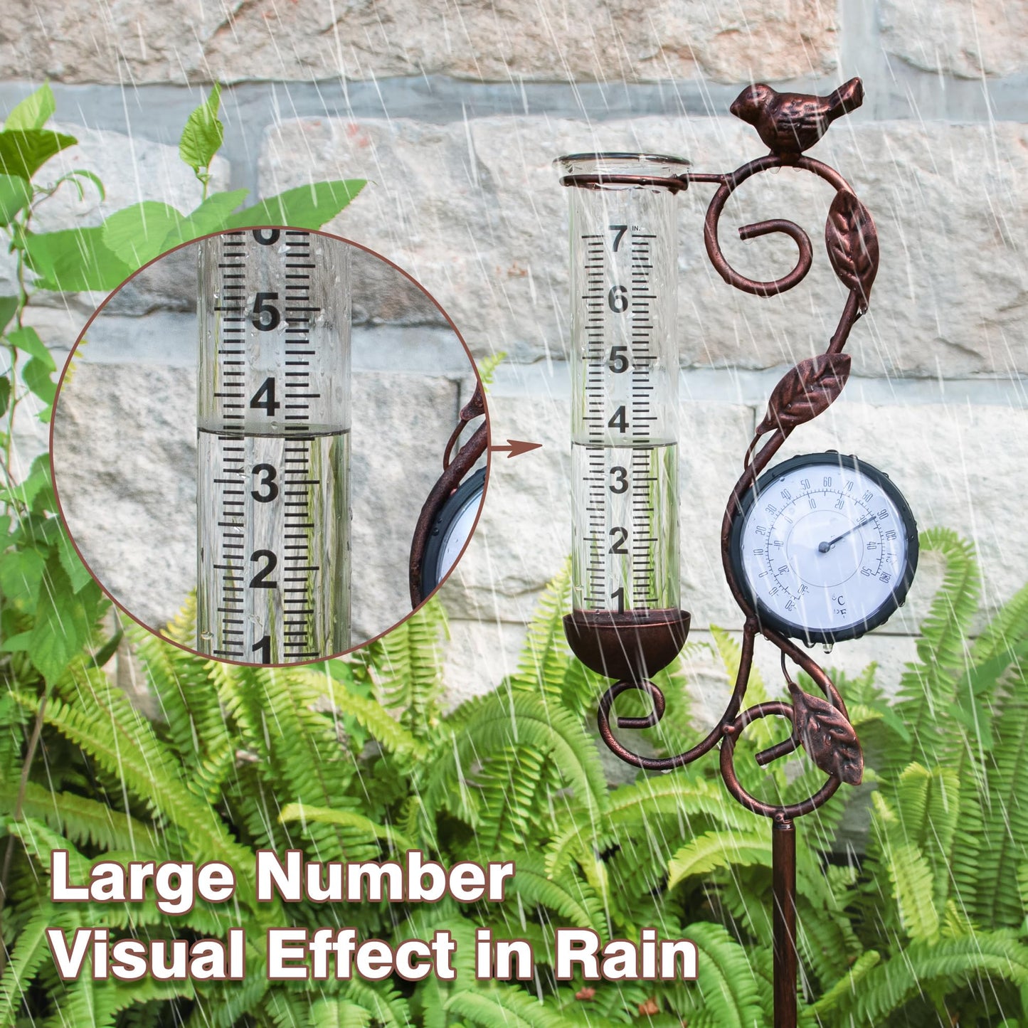 32" Garden Rain Gauge with Thermometer - 7" Glass Tube for Outdoor Indoor Use, Patio Yard Decor Statue
