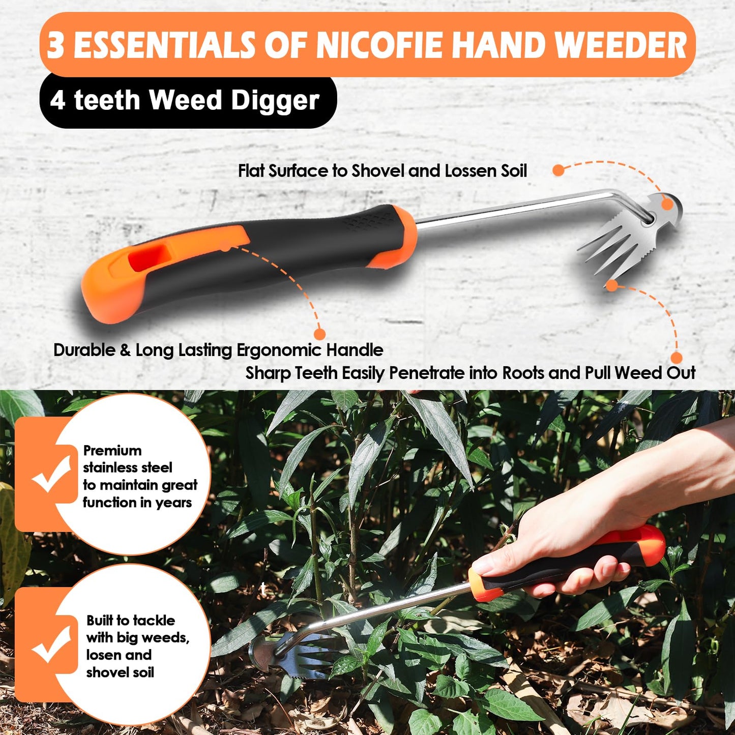 Nicofie 2026 Hand Weeder Tool, Rubber Handle Manual Weeder Puller Tool, Uprooting Weeding Tools, Crack Weeder Crevice, 4 Teeth Weeding Tool, Weeding Artifact Tool for Gardening(3 Pcs)