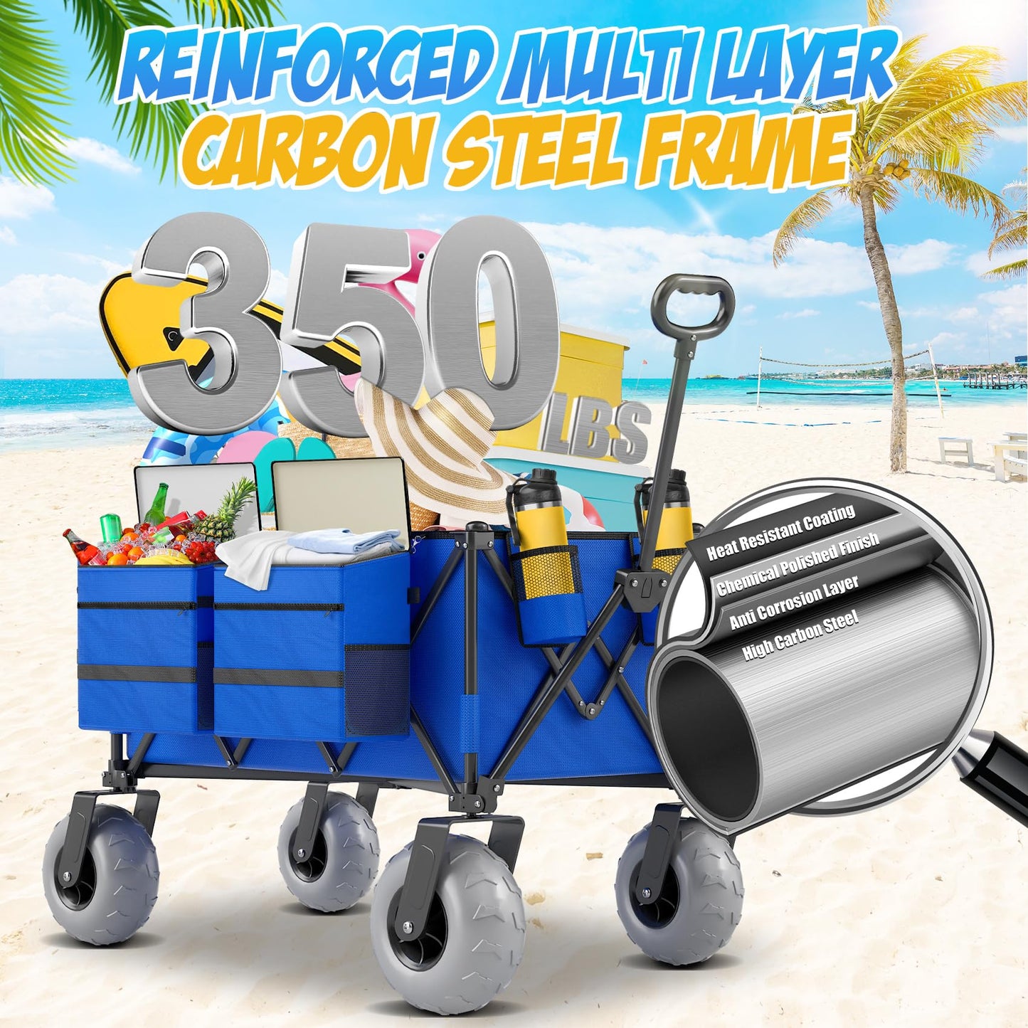 Beach Wagon with Big Wheels for Sand, 350lbs Heavy Duty Folding Wagon, Oversized 180L, 9" PVC All-Terrain Wheels, Adjustable Handle, Cooler & Storage Bags for Beach, Camping, Garden & Outdoor Sports