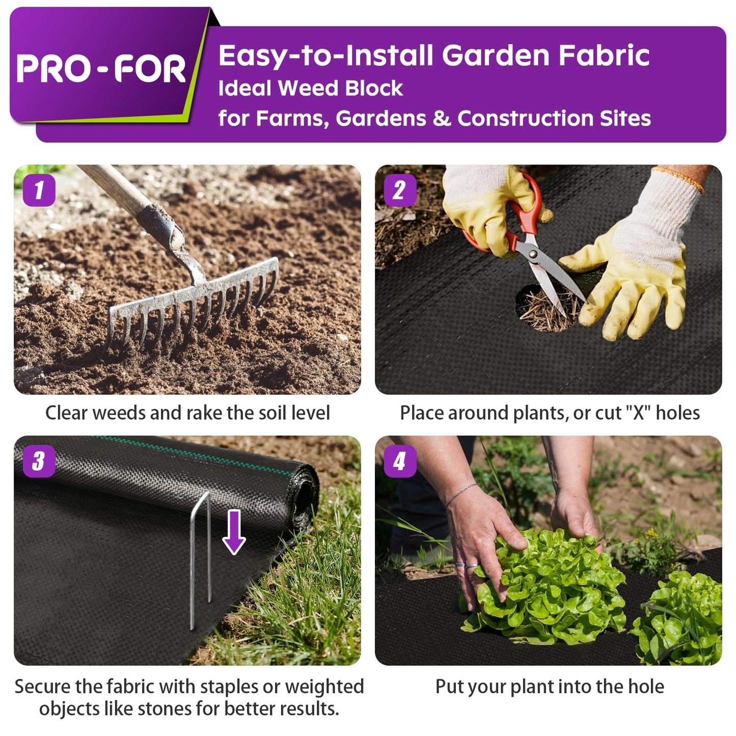 PRO-FOR 3FT x 100FT 3.2oz Heavy Duty Weed Barrier Landscape Fabric – Premium Woven Ground Cover for Gardening, Farming & Driveways, Breathable Weed Control Cloth with 10 U-Shaped Securing Pegs