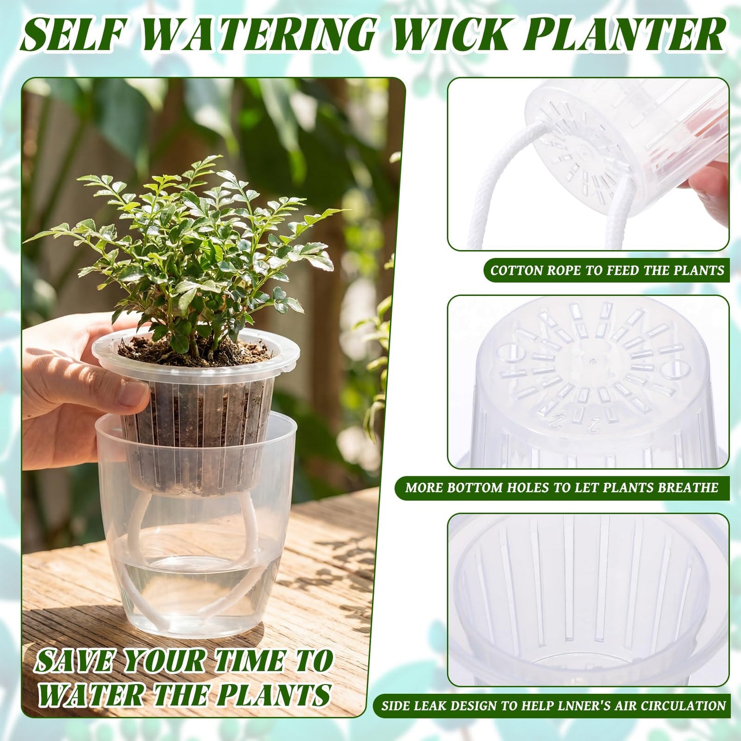 Ferrochef 36 pcs Self Watering Pots, 3.5 Inch Plastic Flower Plant Pot with Inner Pot Self Watering Wick Planter White Clear Flower pots for Indoor House Plants Herbs, Flowers, Succulents