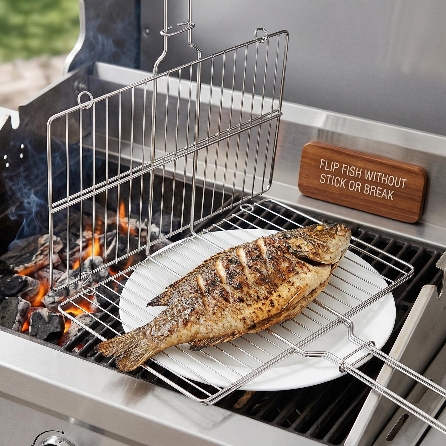 Stainless Steel Fish Grill Basket for Outdoor BBQ, Heavy Duty Lockable Grilling Rack for Fish Vegetables Steak Veggies Shrimp Meat, Portable Campfire Cooking Mesh Grate Tool, 12 x 8 Inch