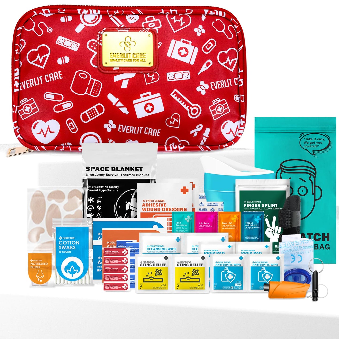 EVERLIT CARE Car First Aid Kit with Emergency Supplies Survival Gear Including Window Breaker Disposable Urine Bag Mountable Survival Kit for Family Travel in Car (RedMed)