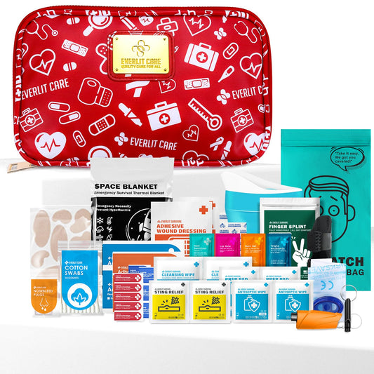 EVERLIT CARE Car First Aid Kit with Emergency Supplies Survival Gear Including Window Breaker Disposable Urine Bag Mountable Survival Kit for Family Travel in Car (RedMed)