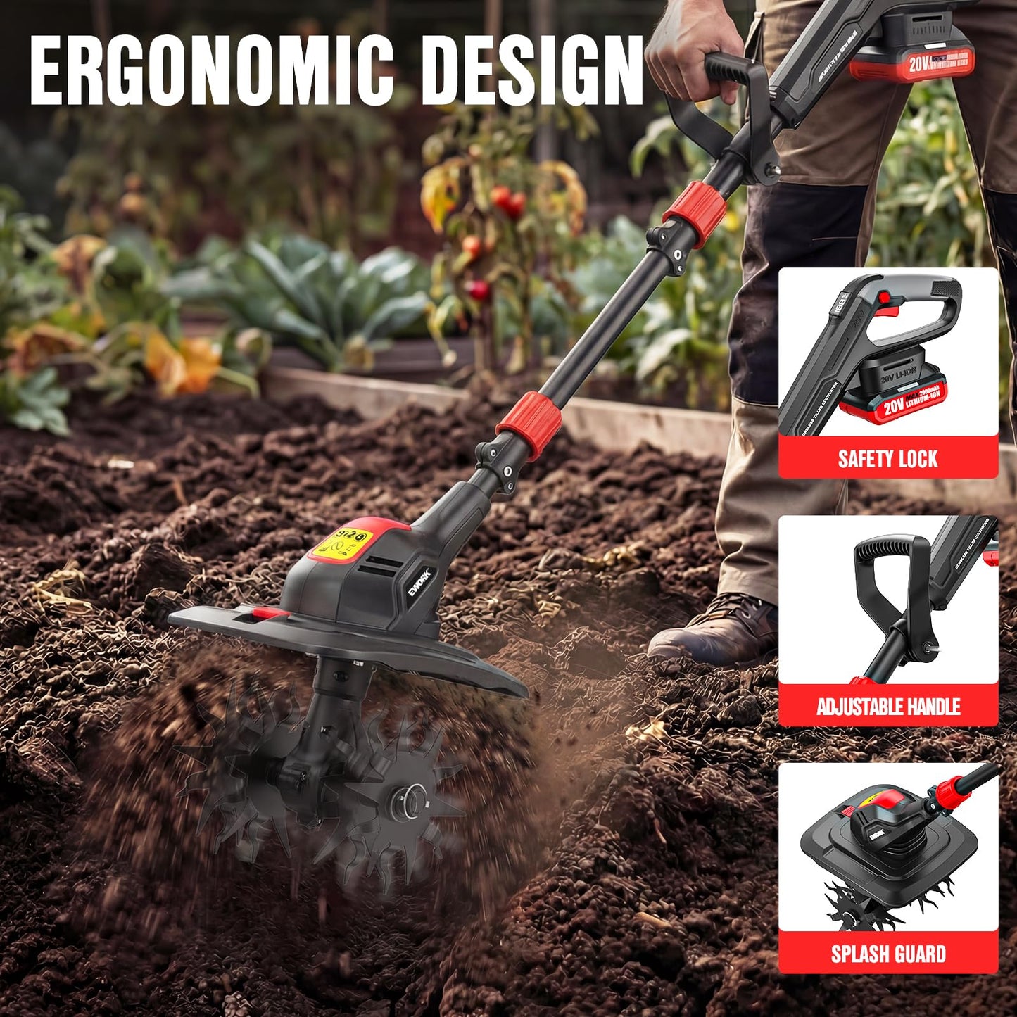 EWORK 20V Cordless Tiller Cultivator with 2×2.0Ah Batteries & Fast Charger,9" Width 7" Depth Electric Garden Rototiller for Yard Lawn Soil Cultivation