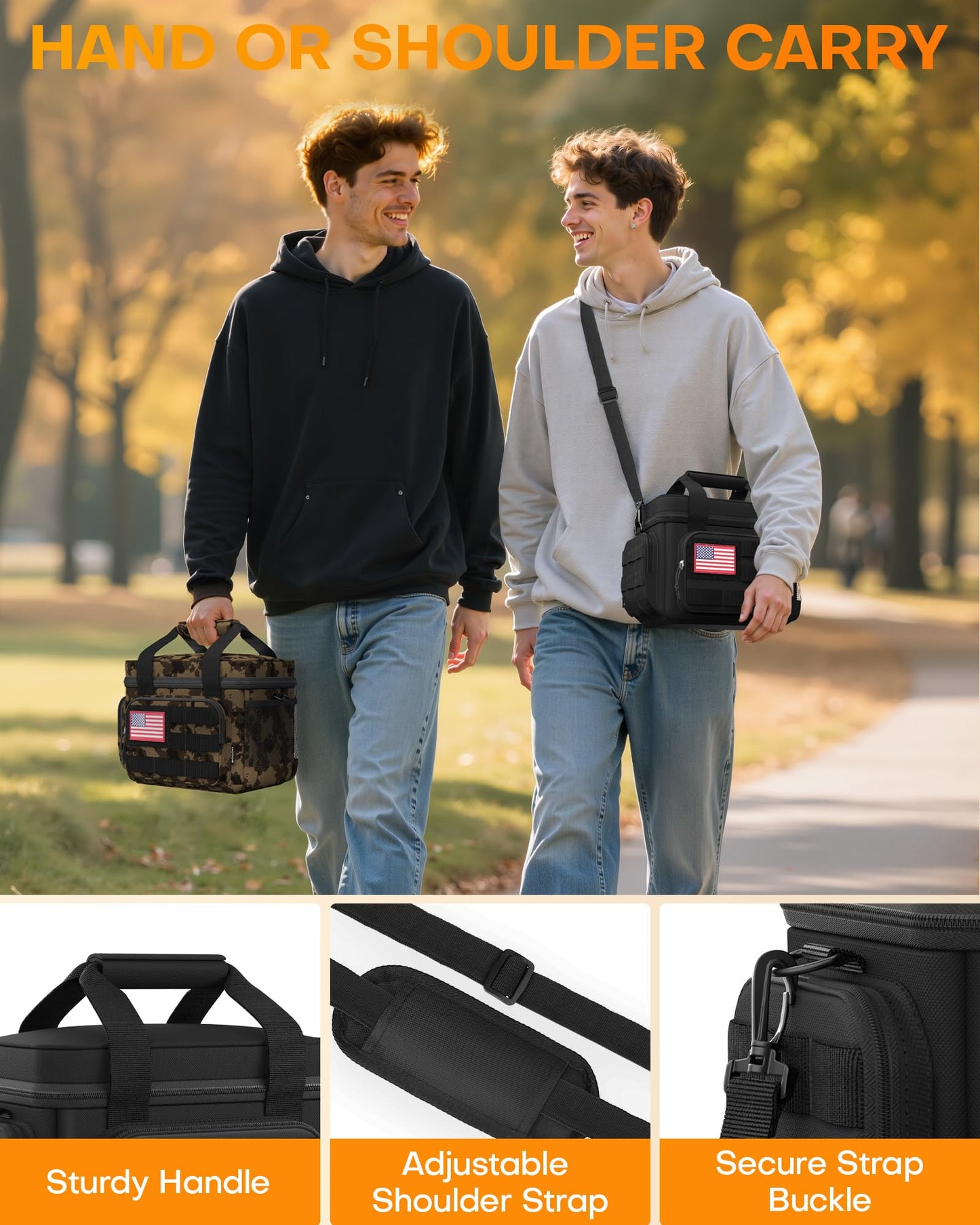 HOTOR Lunch Box for Men & Women - Insulated Lunch Bag with Multiple Pockets, Tactical Cooler Bag for Work, Hiking, Camping, Fishing, Travel, Black, 11.0" x 8.3" x 7.1"