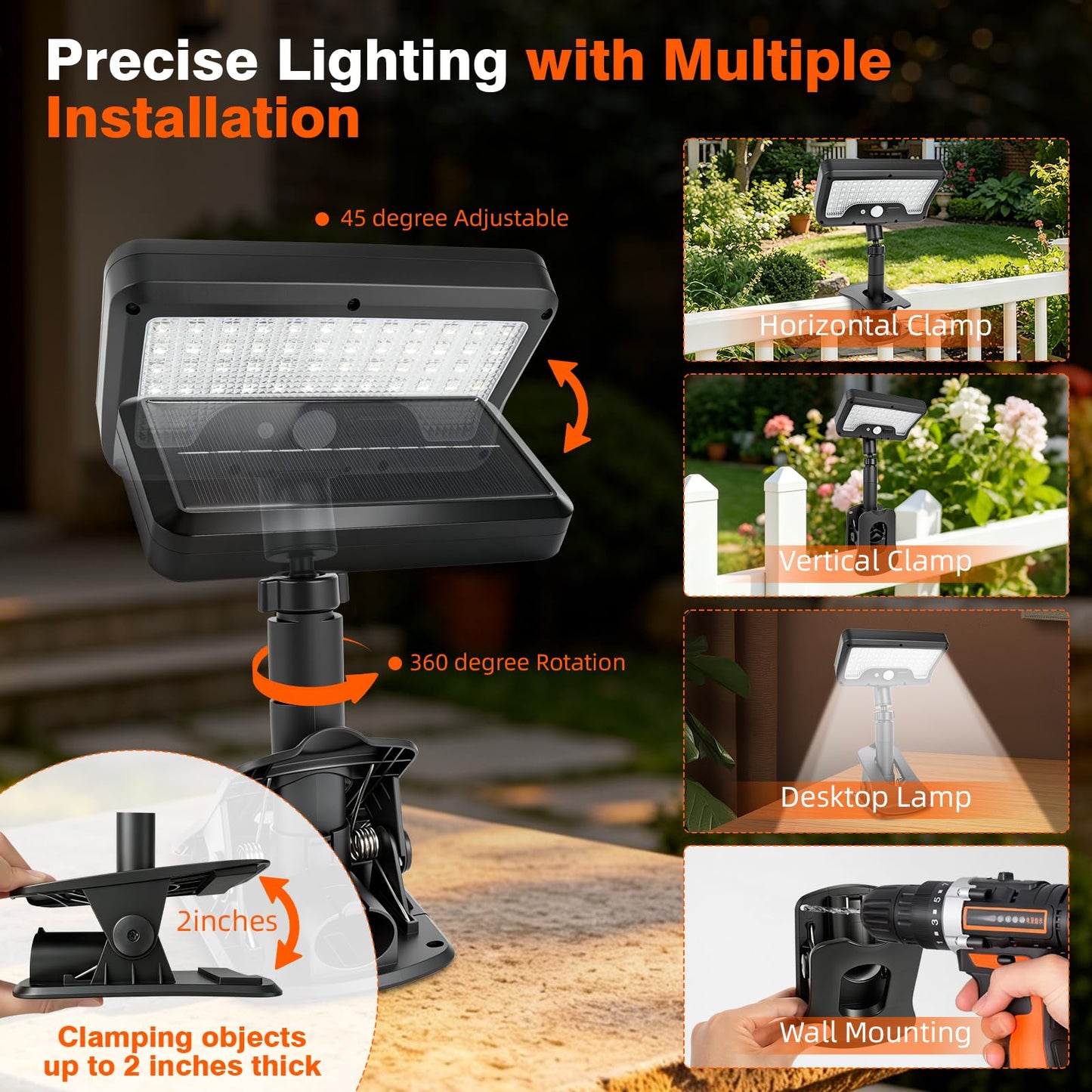 Clip On Solar Lights Outdoor with Motion Sensor, 4-Color 3 Modes Lighting (92 LEDs, 600 LM, 6000 K) IP65 Waterproof, 360° Adjustable Flexible Clamp for Fences Gardens Decks Camping Gutter (2)