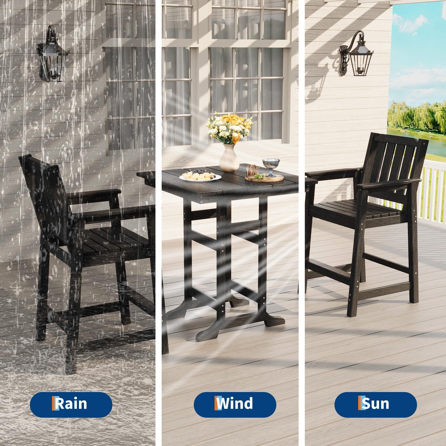GarveeHome Outdoor Slatted Bar Table and Chairs Set for 3, 3-Piece Bar Height Table and Chairs with Umbrella Hole and Footrest, HDPE All-Weather Patio Bar Set for Balcony, Backyard, Poolside, Black