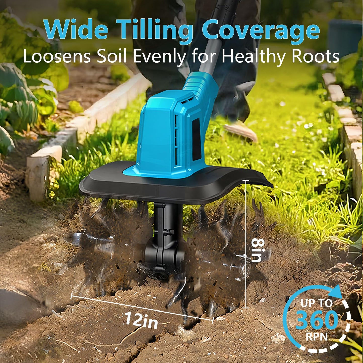 21V Cordless Tiller Cultivator, 300RPM Electric Garden Tiller, 2×4.0AH Batteries & Fast Charger Lightweight Rototiller 12" Width, 8" Depth for Lawn/Soil/Plowing/Weeding/Farm