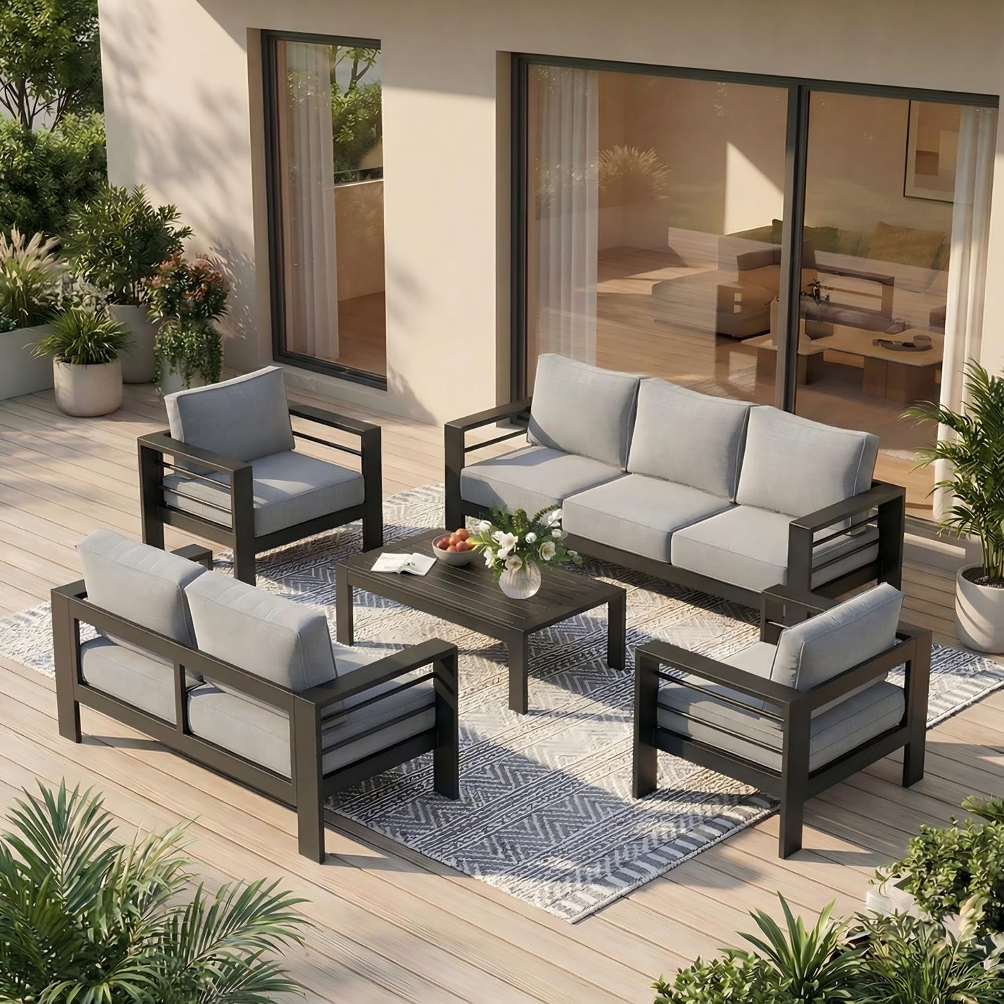 Solaste Aluminum Outdoor Patio Furniture Set, 7 Seats Patio Sectional Sofa with 5" Thick Cushion, Outdoor Patio Set with Coffee Table for Porch, Backyard, Deck, Yard, Light Grey