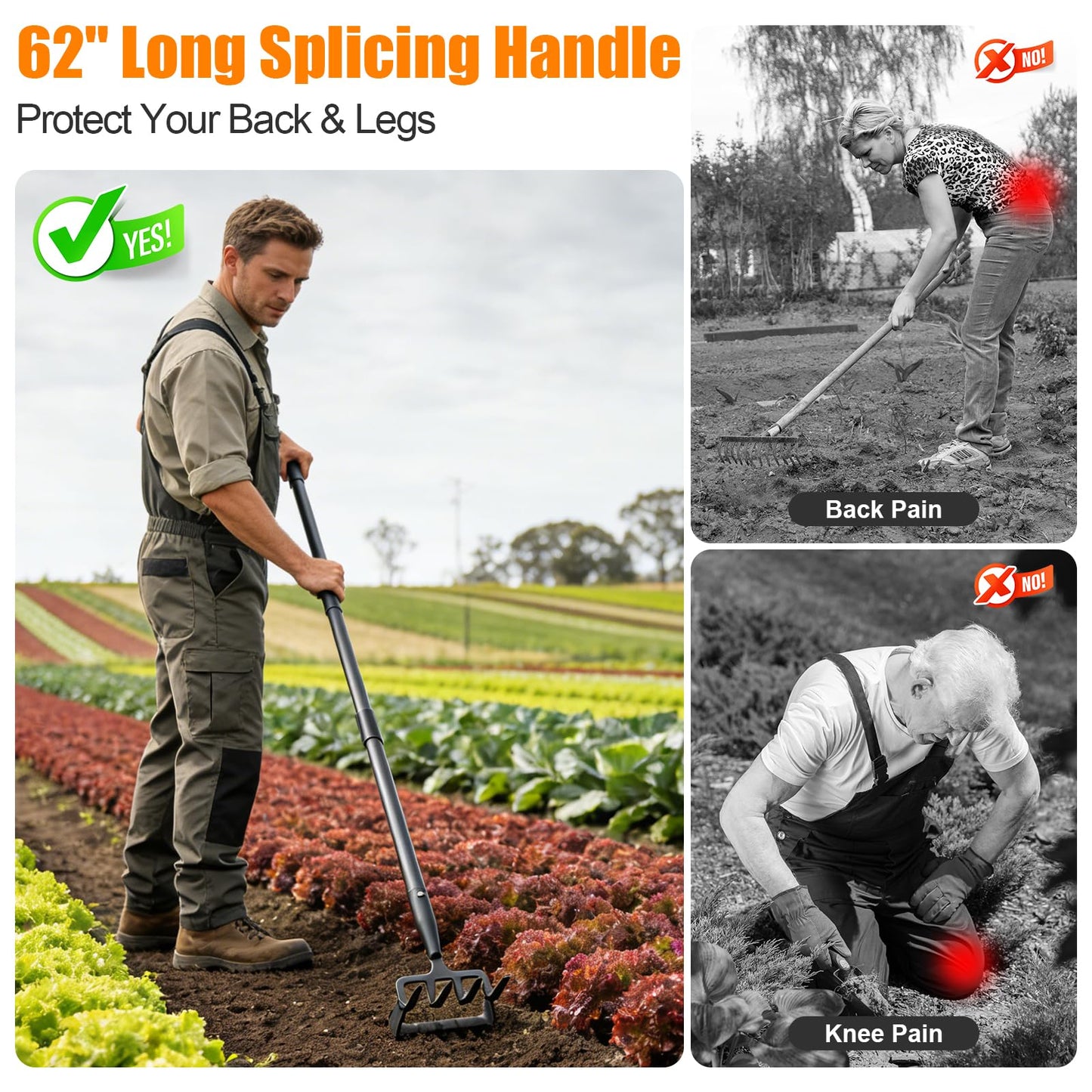 Garden Hoe, 62 Inch Weed Tool, Long Soil Tiller Cultivator, Heavy Duty Metal Stirrup Hoe Weeder Scraper Rake for Flower Beds, Patio, Garden Loosening Soil Weeding Digging
