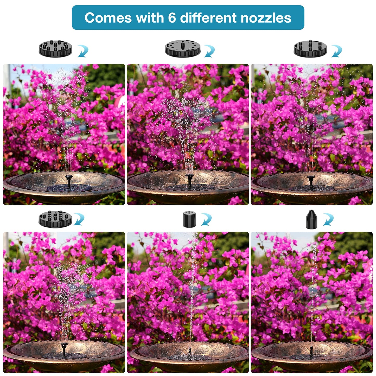 AISITIN 2 x 1.5 W DIY Solar Powered Garden Fountain with 6 Nozzles Effects for Ponds, Bird Bath, Aquarium, Garden Fountain