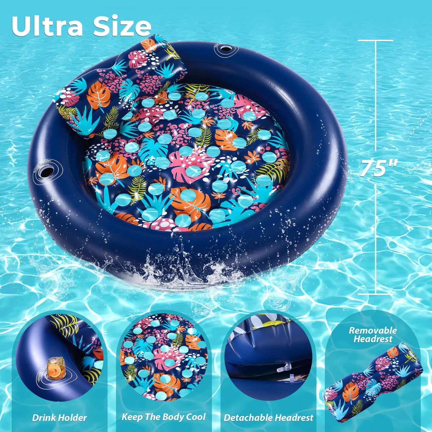 2-Person Pool Floats Adult Heavy Duty, Giant 75"X75" Inflatable Tanning Pool Mats with Cup Holders, Detachable Headrest, Multi-Purpose Water Lounger for Pool Party, Lake, Beach, River, Outdoor