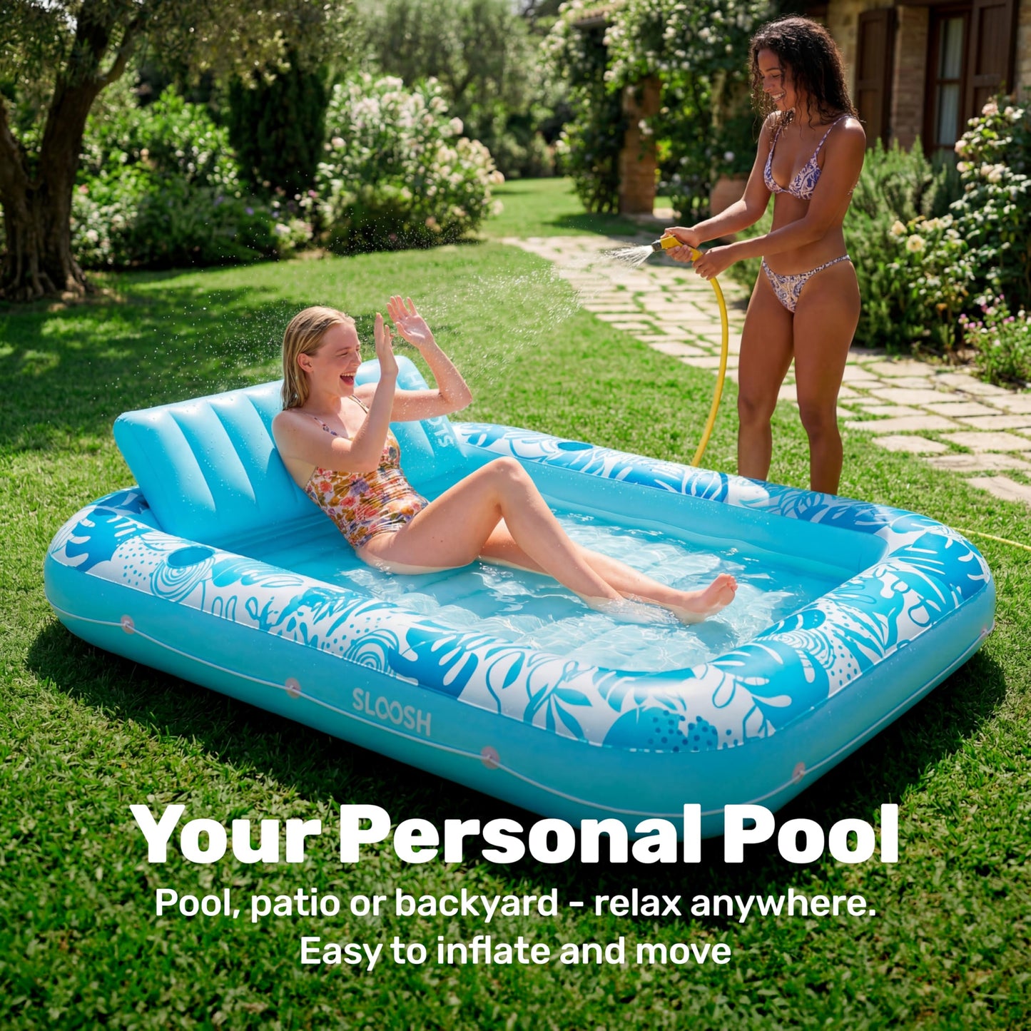 SLOOSH Inflatable Tanning Pool Lounger Float, 85" x 57" Extra Large Pool Floats Adult with Pillow, 4 in 1 Suntan Tub Raft Floatie,Sunbathing Bed Lounge for Water Blow Up Ball Pit Party Gifts, XL-Blue