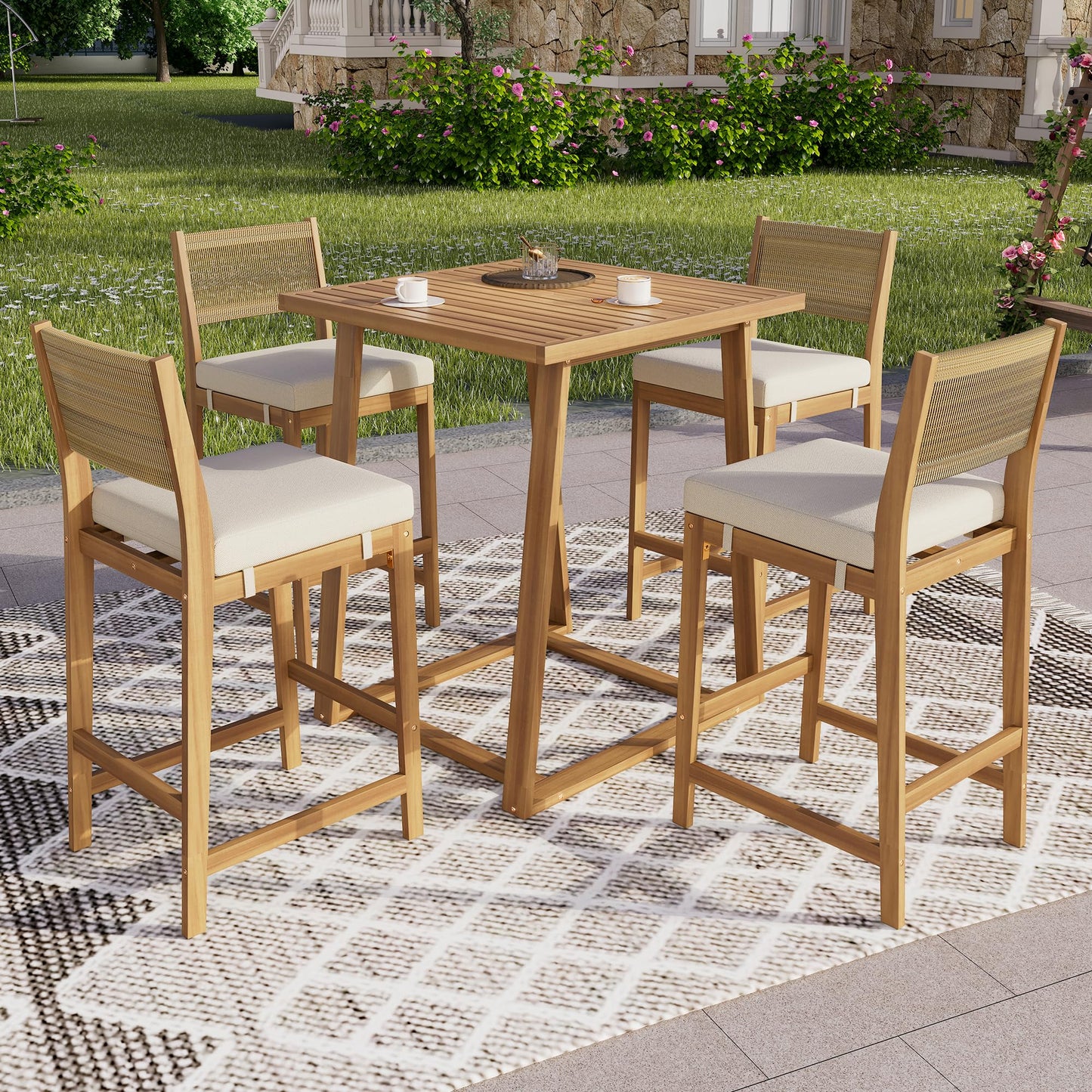 Christopher Knight Home Barron 5-Piece Acacia Wood Patio Bar Set, Patio Bar Table and Stools Set, Soft Seat Cushions, Rattan/Wicker Dining Set for Garden, Backyard, Poolside, Balcony, Teak + Beige