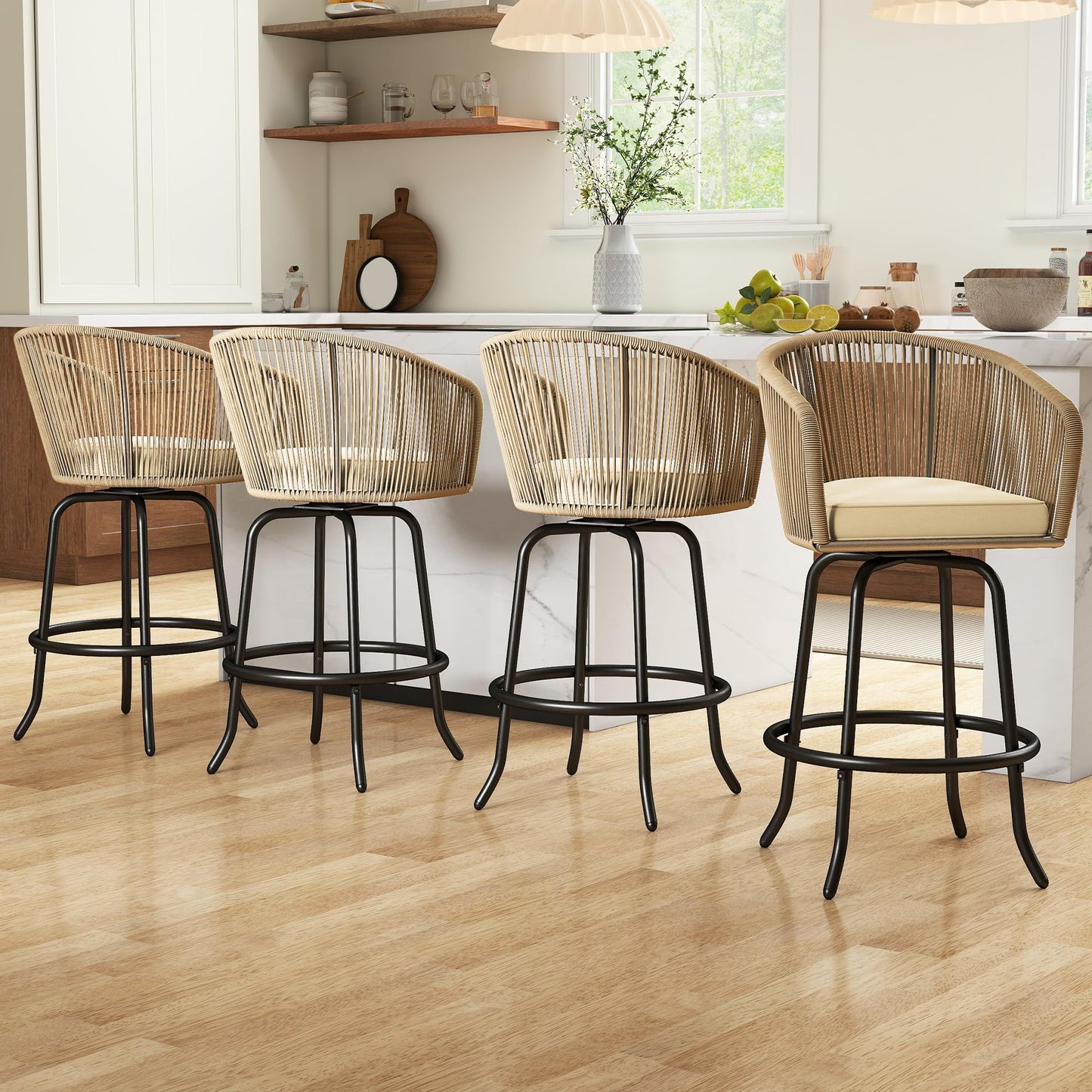 YITAHOME Counter Height Bar Stools Set of 4, Outdoor Bar Stools with Soft Cushions, Patio Rattan Swivel Bar Chairs for Backyard Poolside, Garden w /360 Rotation (Beige)