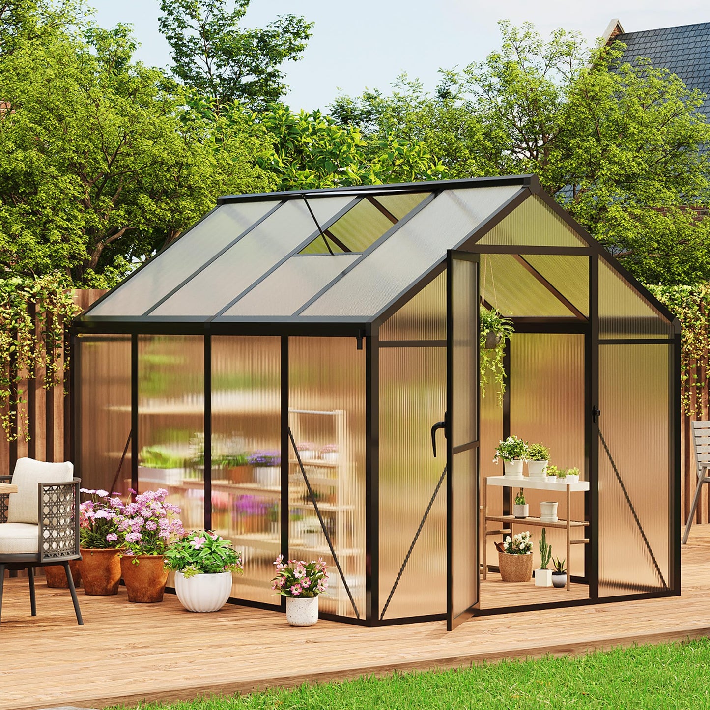 GarveeLife 6x8 FT Greenhouse for Outdoors, Polycarbonate Greenhouse with Roof Vent, Ground Nails, Lockable Push Door, Aluminum Large Walk-in Green House for Outside Garden Backyard, Patio, Lawn, Black
