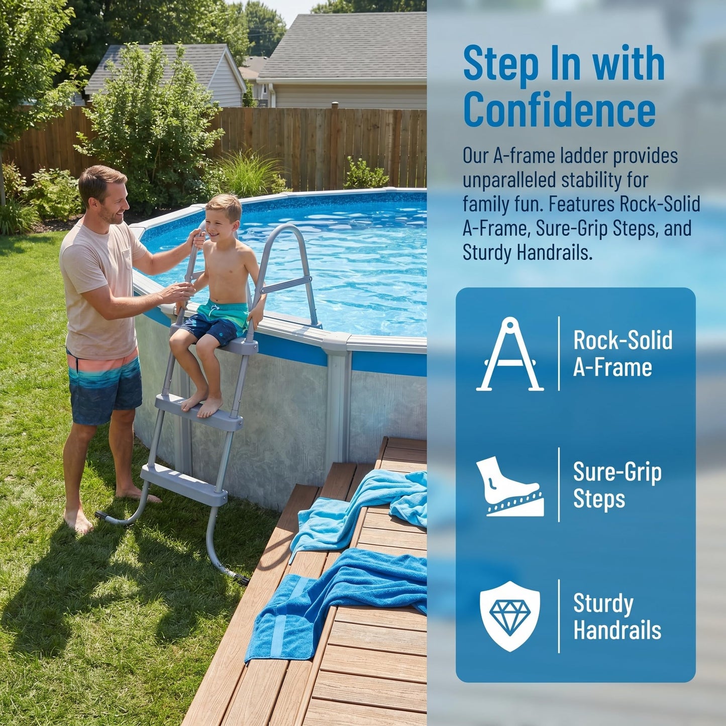 3-Step Steel Bolt-On Pool Ladder Universal Fit Above Ground Swimming Pools - Heavy Duty Non-Slip Entry Steps for Entry and Exit System Swim Pools with Non-Slip Plastic Steps