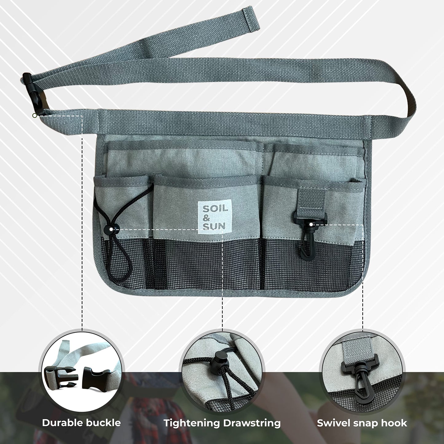 Soil & Sun Garden Tool Belt for Women, Tool Apron, Utility Belt Women, Teacher, Canvas Waist Apron with Pockets, Garden Aprons (Grey)